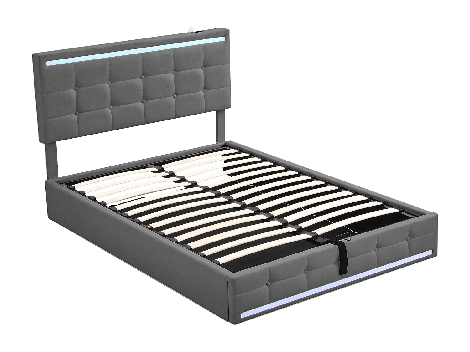 Cama de casal cinzenta com arrumação 140x200cm com LED e 2 portas USB, cabeceira regulável em altura, sem colchão