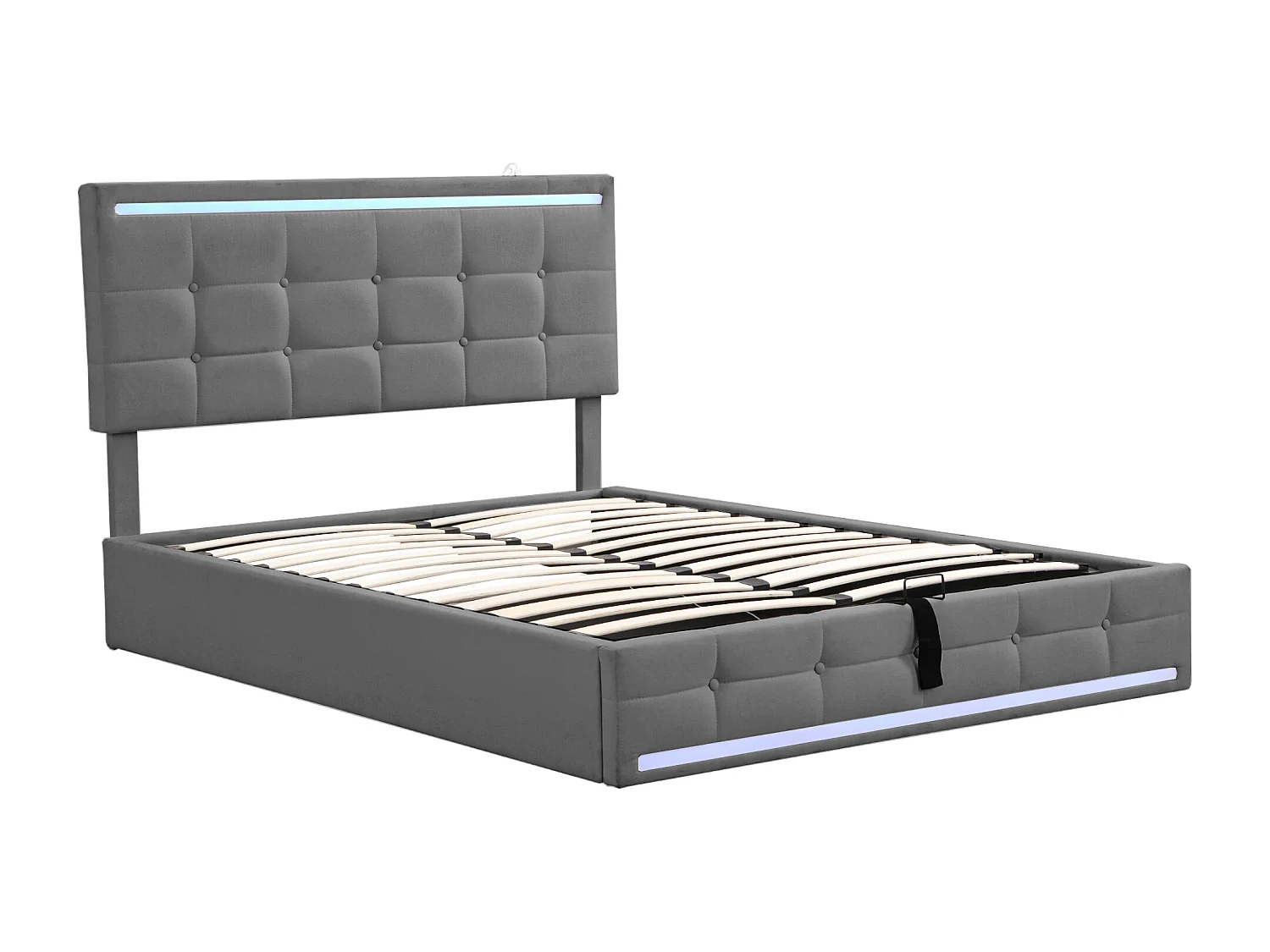 Cama de casal cinzenta com arrumação 140x200cm com LED e 2 portas USB, cabeceira regulável em altura, sem colchão