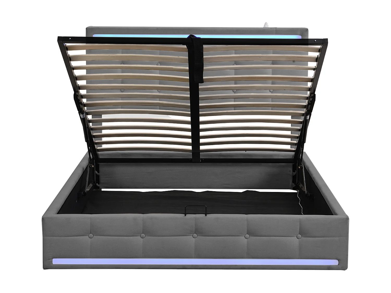 Cama de casal cinzenta com arrumação 140x200cm com LED e 2 portas USB, cabeceira regulável em altura, sem colchão