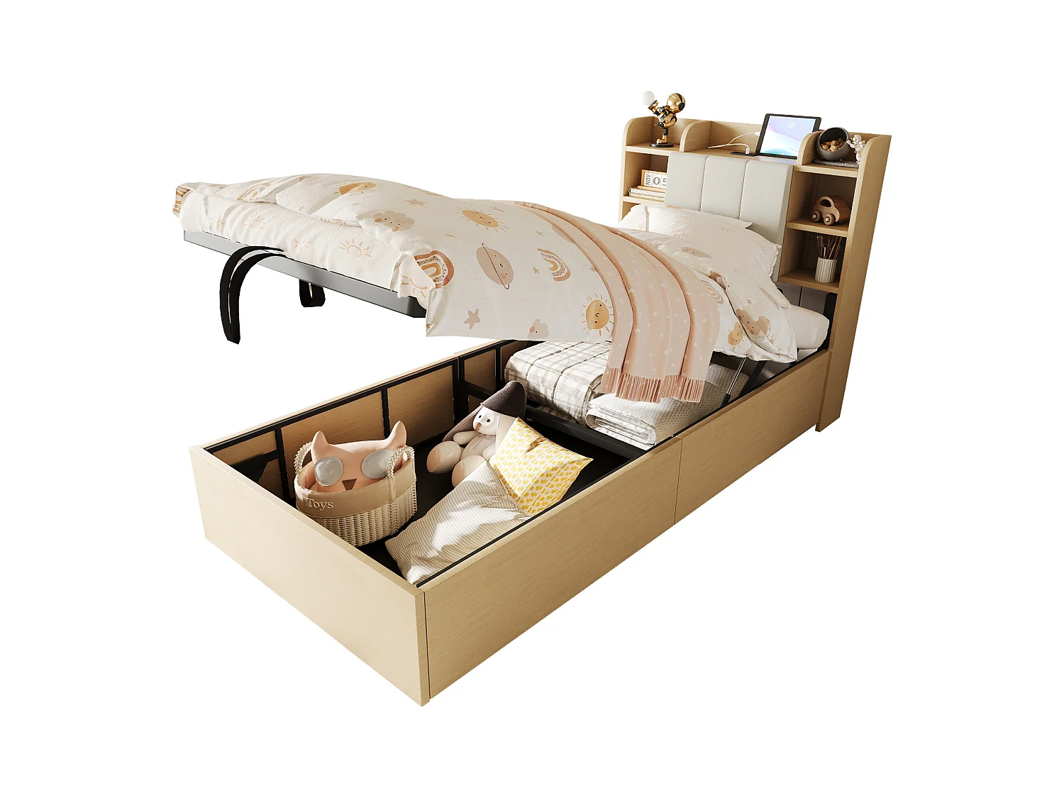 Natuurlijk eenpersoonsbed met opbergruimte 90x200cm met USB en Type-C, hoofdbord met opbergruimte, zonder matras