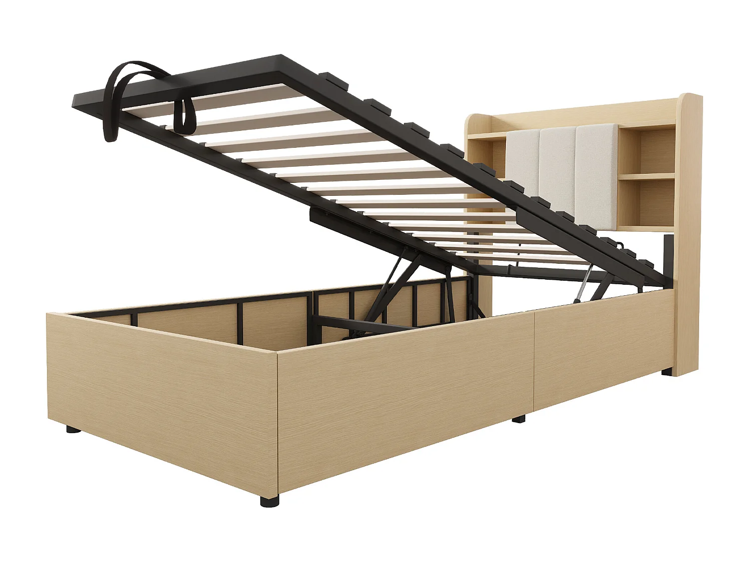 Letto singolo contenitore naturale 90x200cm con USB e Type-C, testiera con contenitore, senza materasso