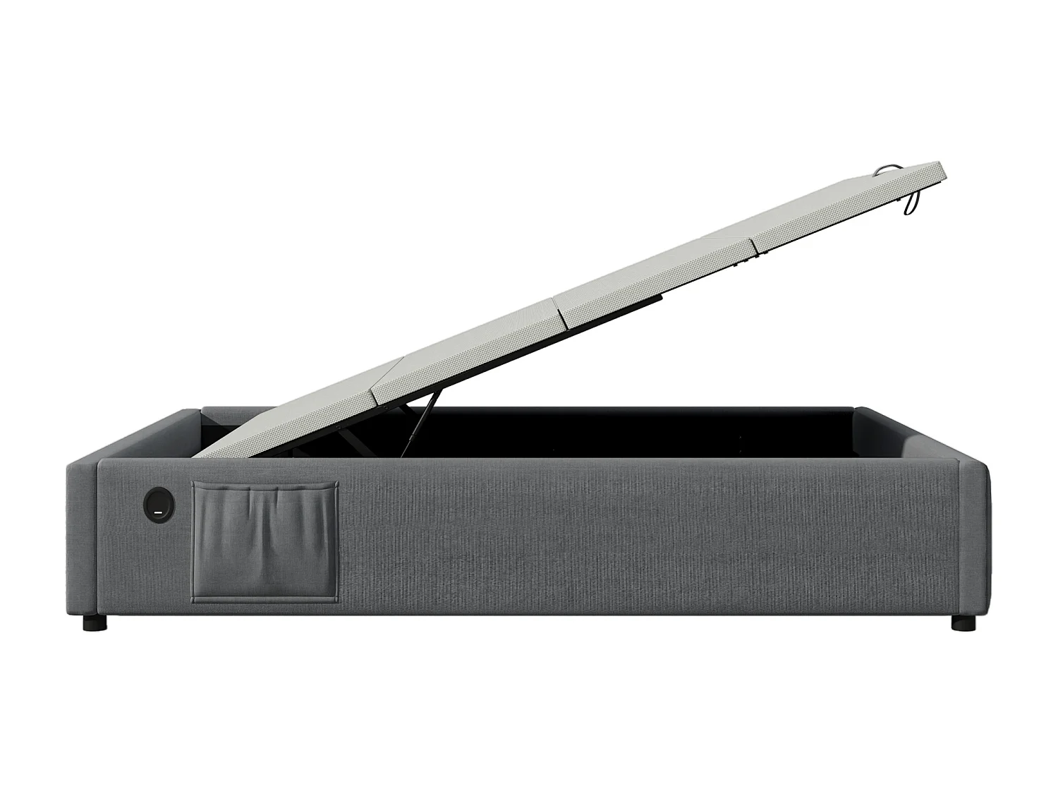 Letto contenitore grigio per bambini 90x190cm con libreria bianca, USB-C, tessuto di lino, senza materasso