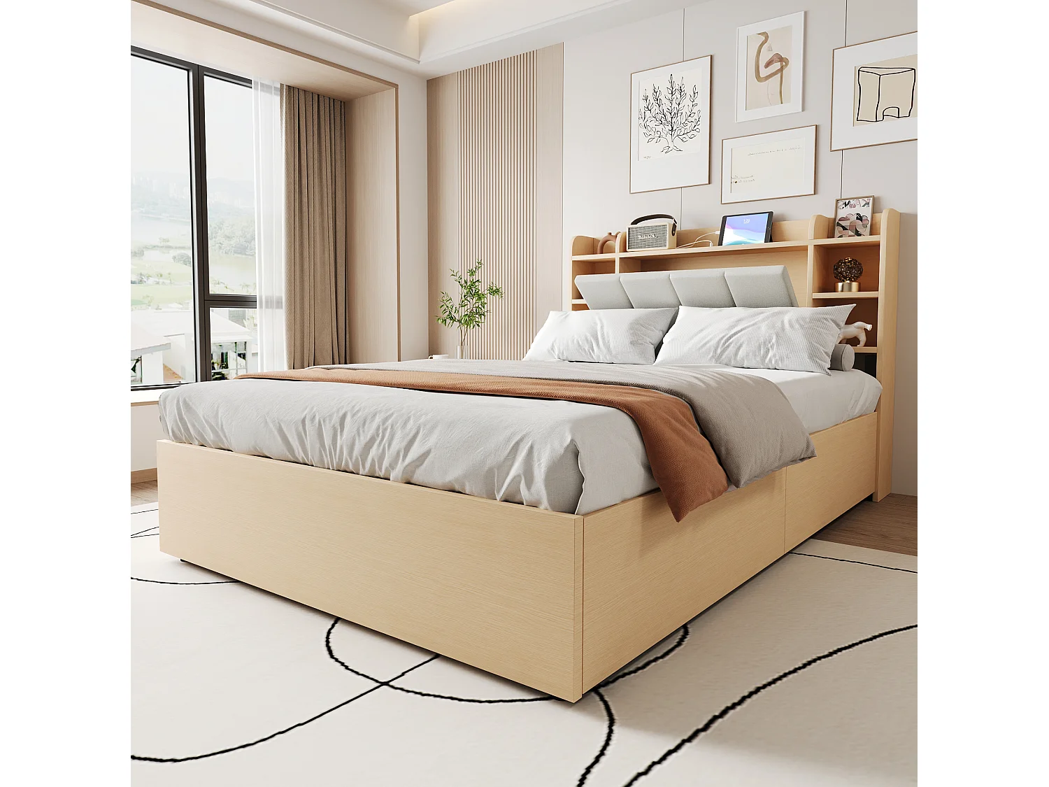 Letto matrimoniale contenitore naturale 140x200cm con USB e Type-C, testiera con contenitore, senza materasso