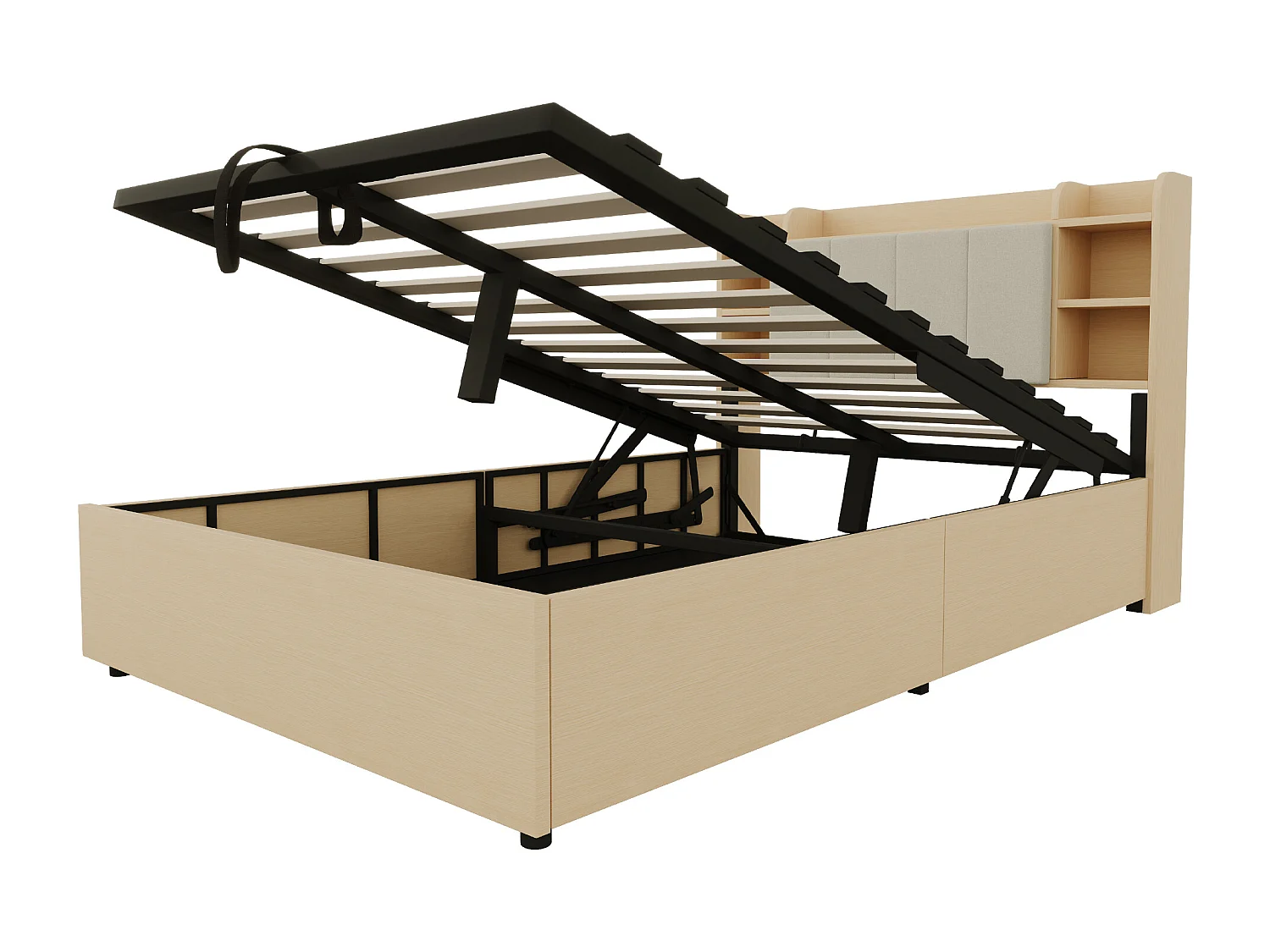 Letto matrimoniale contenitore naturale 140x200cm con USB e Type-C, testiera con contenitore, senza materasso