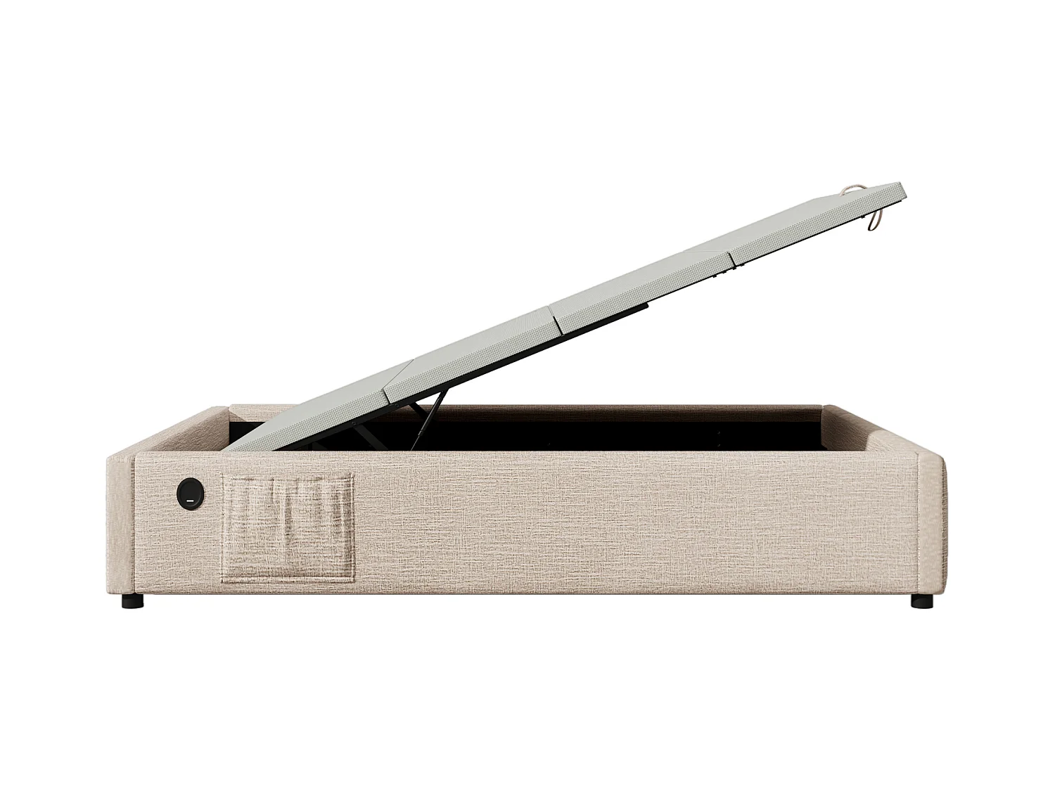 Beige kinderbed met opbergruimte 90x200cm met witte boekenkast, USB-C, linnen stof, zonder matras