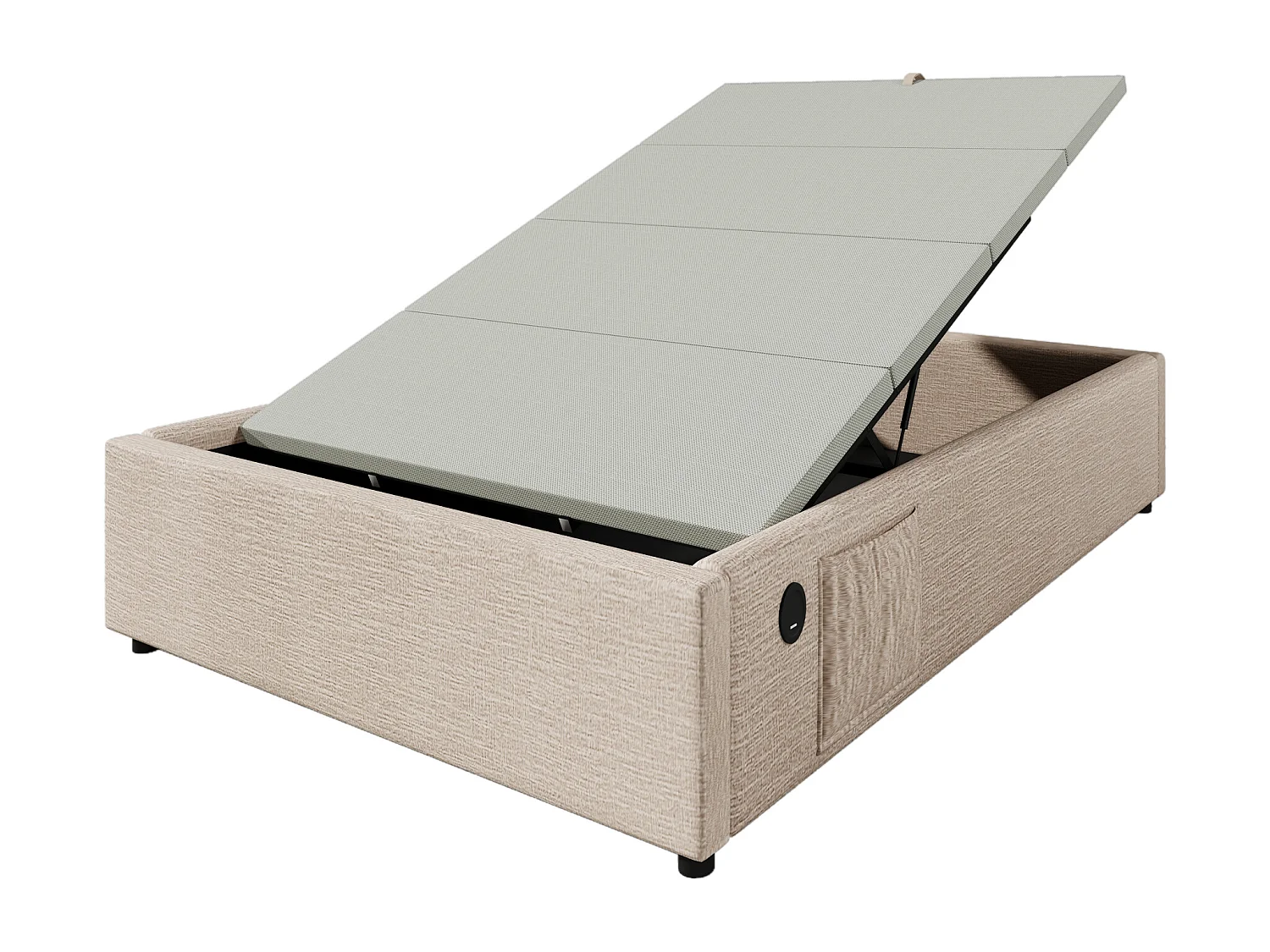 Lit enfant coffre beige 90x200cm avec bibliothèque blanche, USB-C, tissu lin, sans matelas