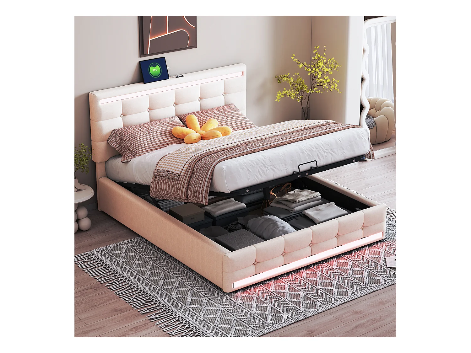 Lit double coffre beige 140x200cm avec LED et 2 ports USB, tête de lit réglable en hauteur, sans matelas