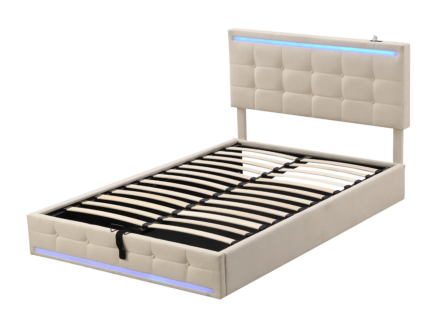 Lit double coffre beige 140x200cm avec LED et 2 ports USB, tête de lit réglable en hauteur, sans matelas