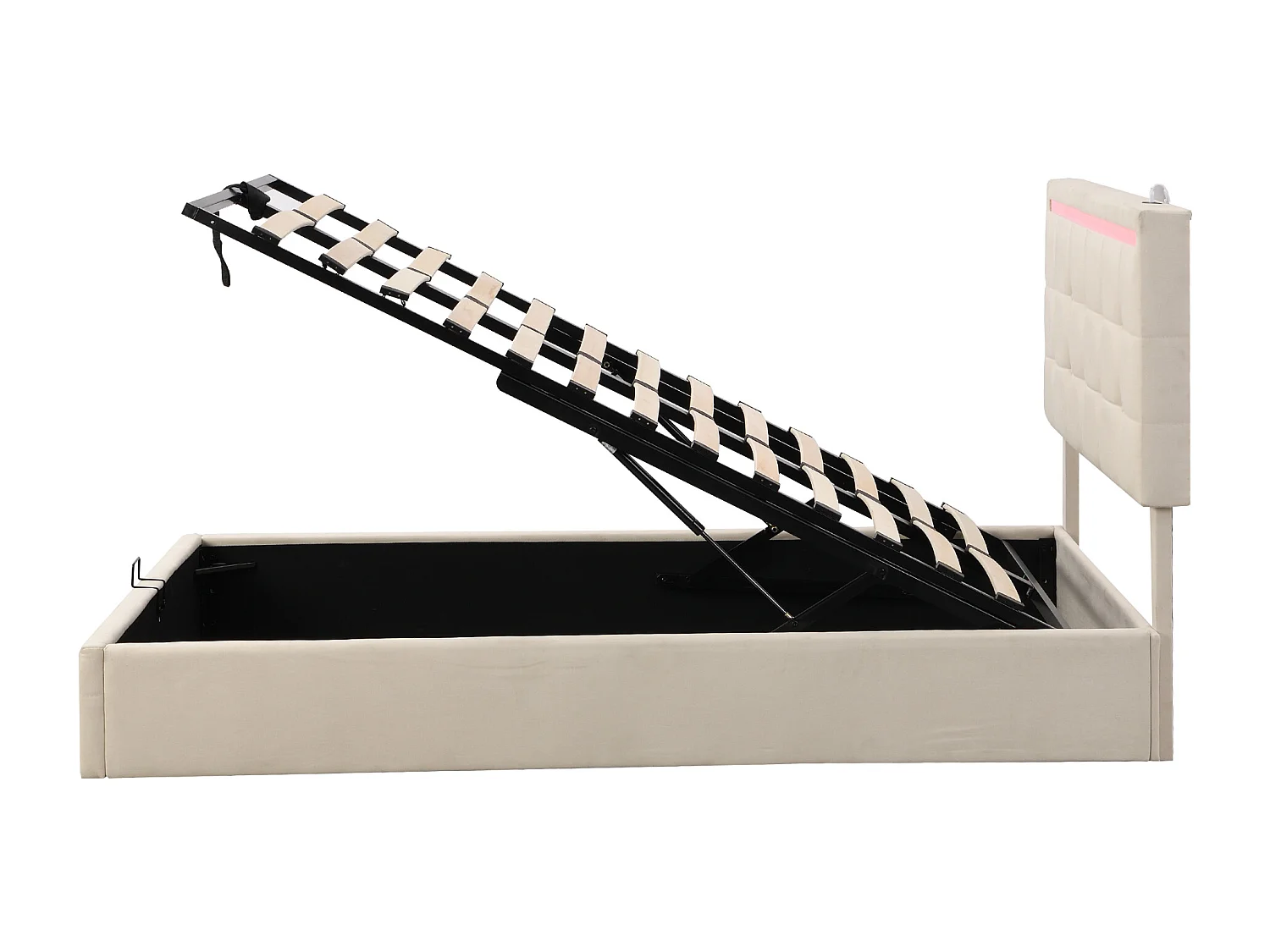 Lit double coffre beige 140x200cm avec LED et 2 ports USB, tête de lit réglable en hauteur, sans matelas