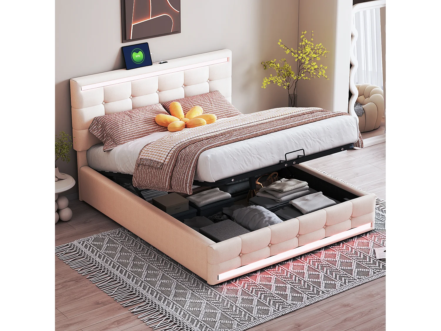 Lit double coffre beige 140x200cm avec LED et 2 ports USB, tête de lit réglable en hauteur, sans matelas
