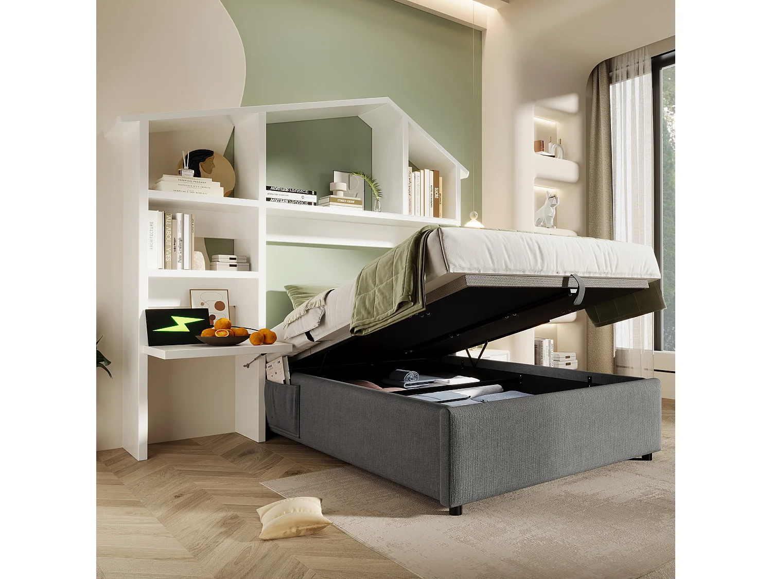 Letto contenitore grigio per bambini 90x200cm con libreria bianca, USB-C, tessuto di lino, senza materasso