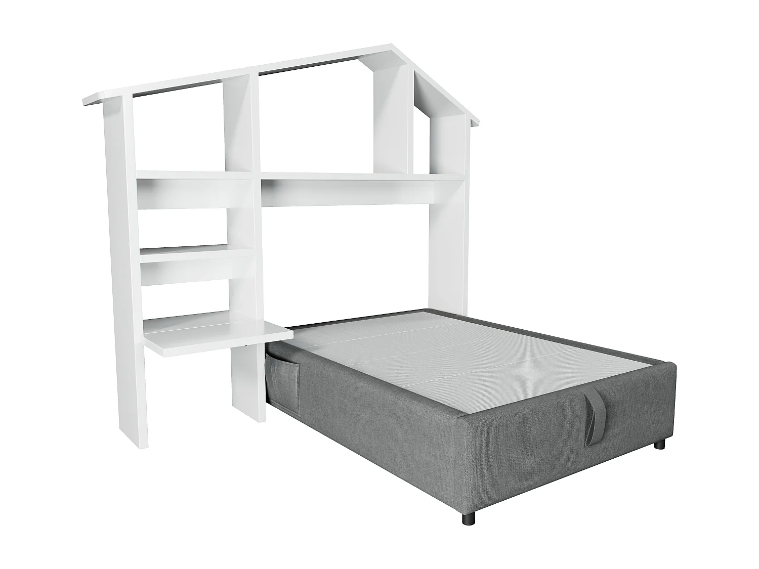 Letto contenitore grigio per bambini 90x200cm con libreria bianca, USB-C, tessuto di lino, senza materasso