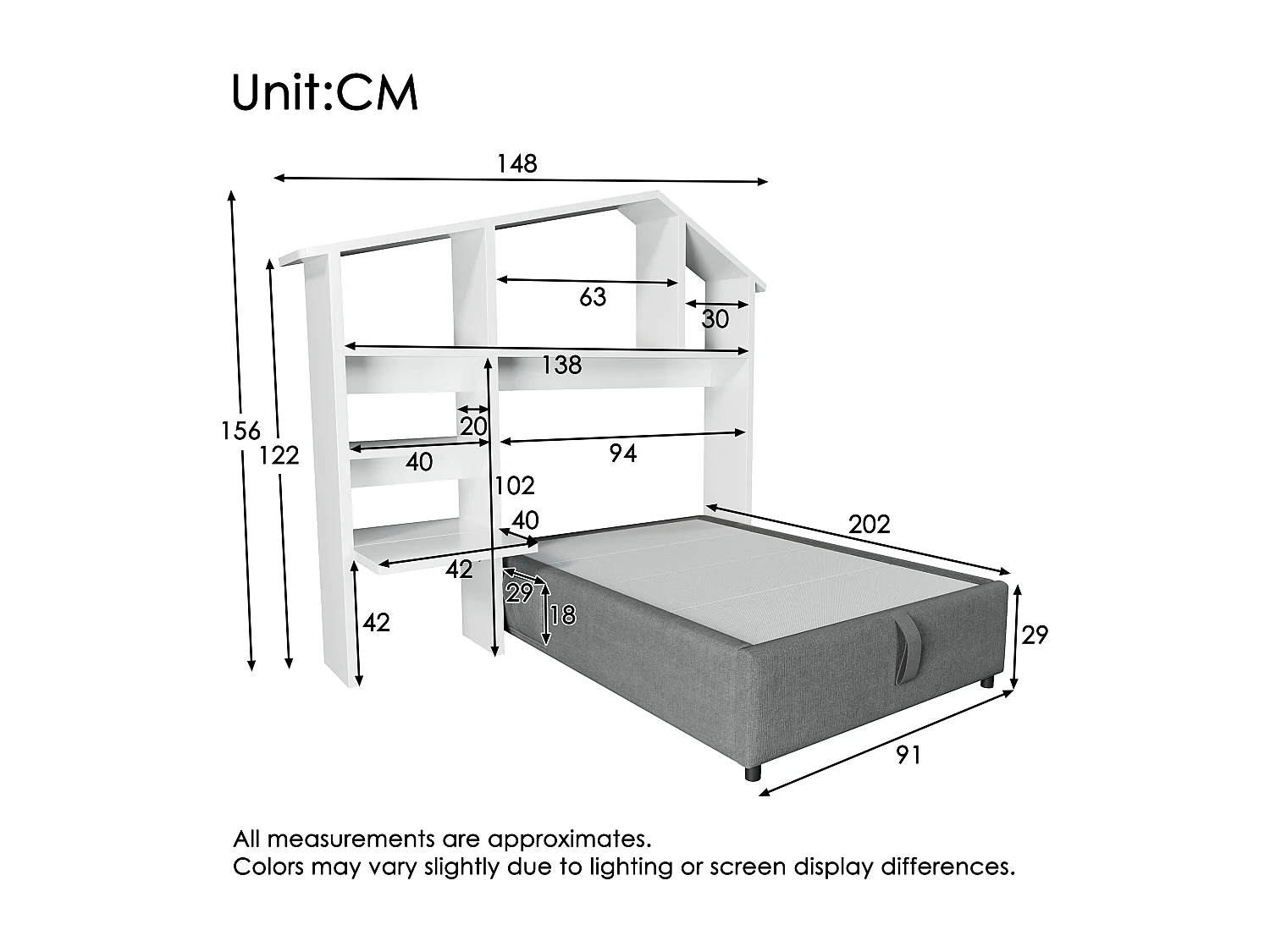 Letto contenitore grigio per bambini 90x200cm con libreria bianca, USB-C, tessuto di lino, senza materasso