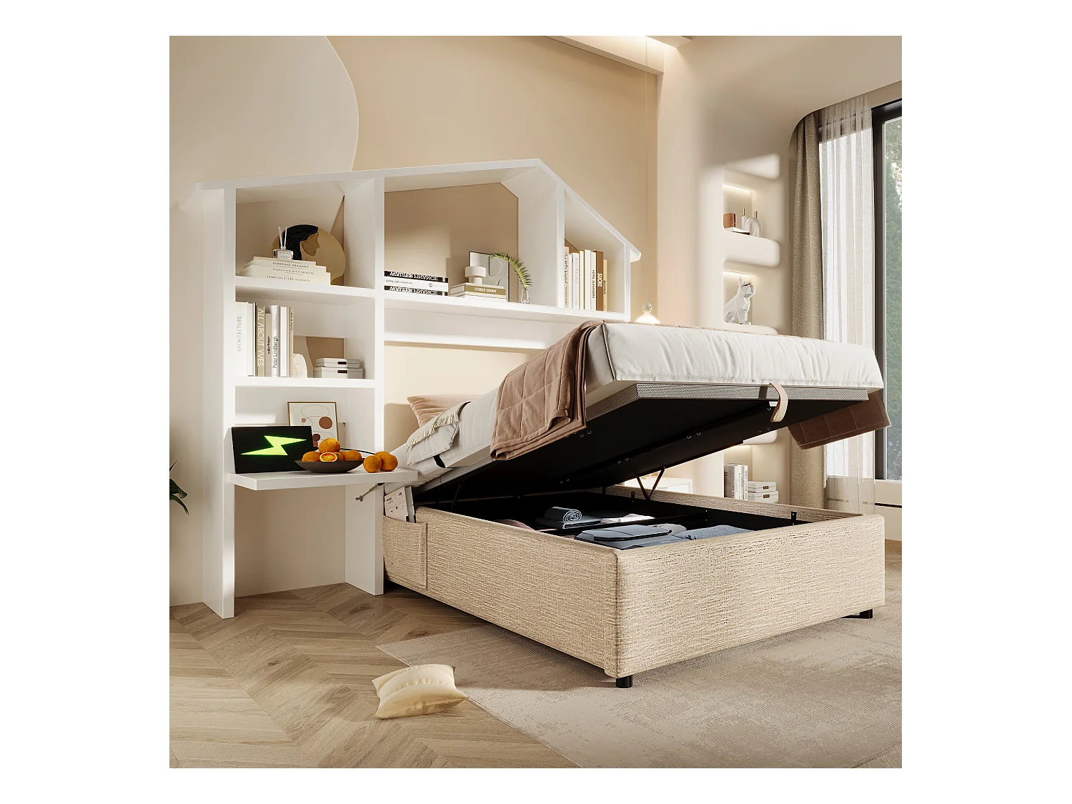 Lit enfant coffre beige 90x190cm avec bibliothèque blanche, USB-C, tissu lin, sans matelas