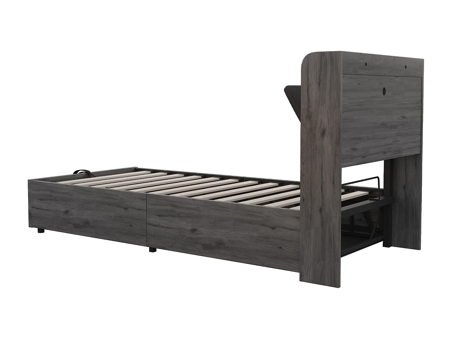 Lit coffre simple gris 90x200cm avec USB et Type-C, tête de lit avec rangement, sans matelas