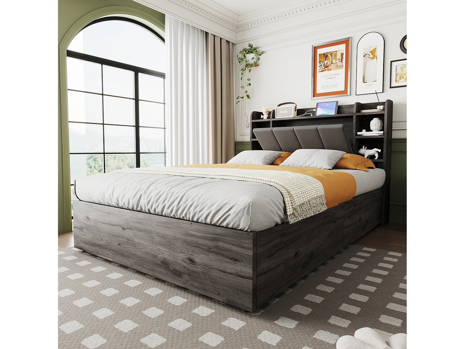 Letto matrimoniale contenitore grigio 140x200cm con USB e Type-C, testiera con contenitore, senza materasso