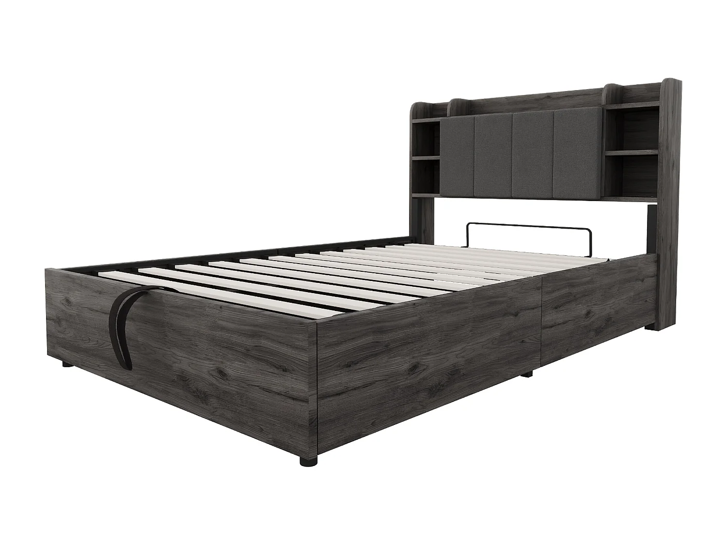 Letto matrimoniale contenitore grigio 140x200cm con USB e Type-C, testiera con contenitore, senza materasso