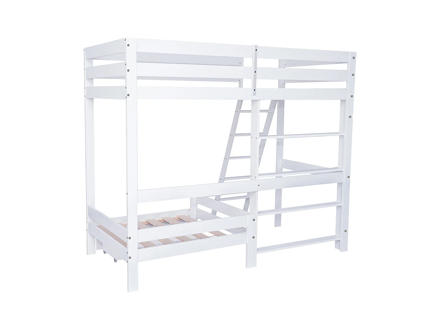 Letto a soppalco bianco per bambini 90x200cm con cassetto, scale, divano e ripiani, senza materasso