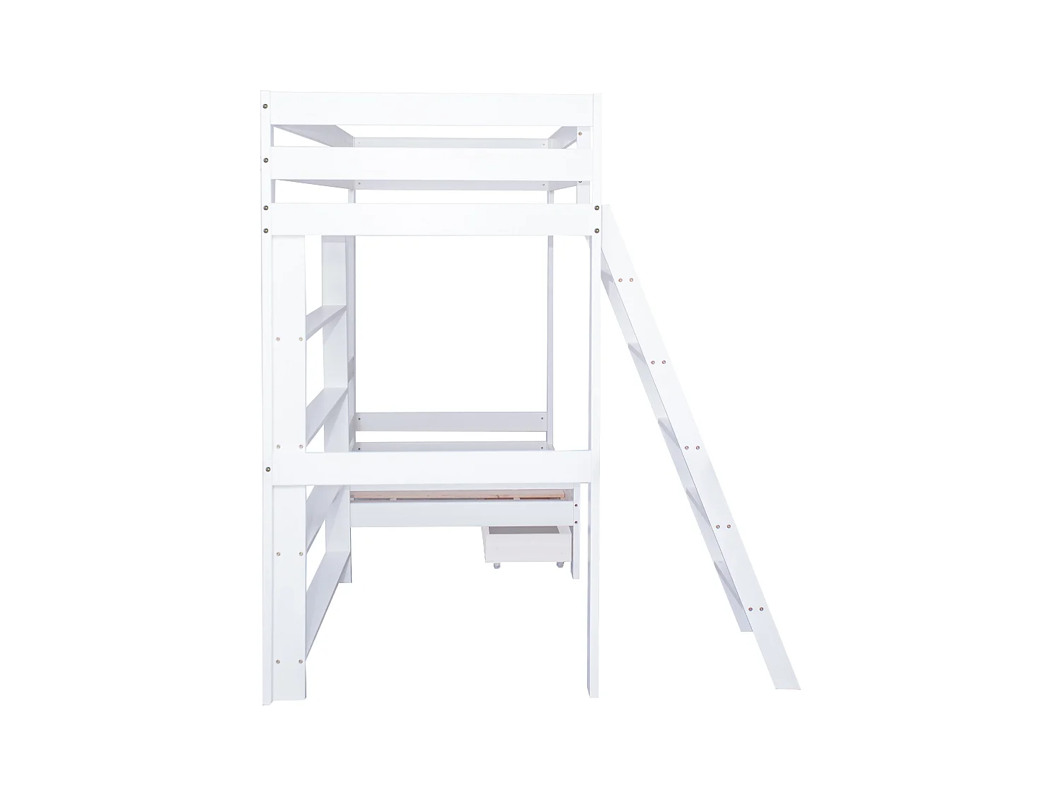 Letto a soppalco bianco per bambini 90x200cm con cassetto, scale, divano e ripiani, senza materasso