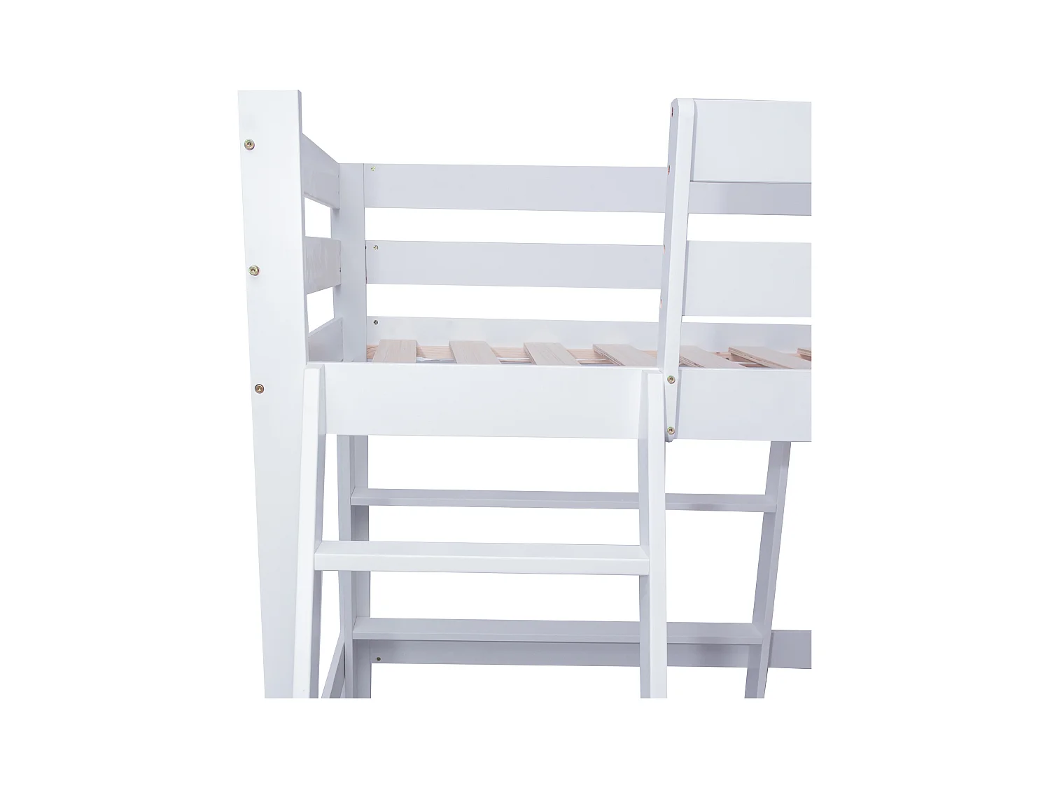 Letto a soppalco bianco per bambini 90x200cm con cassetto, scale, divano e ripiani, senza materasso