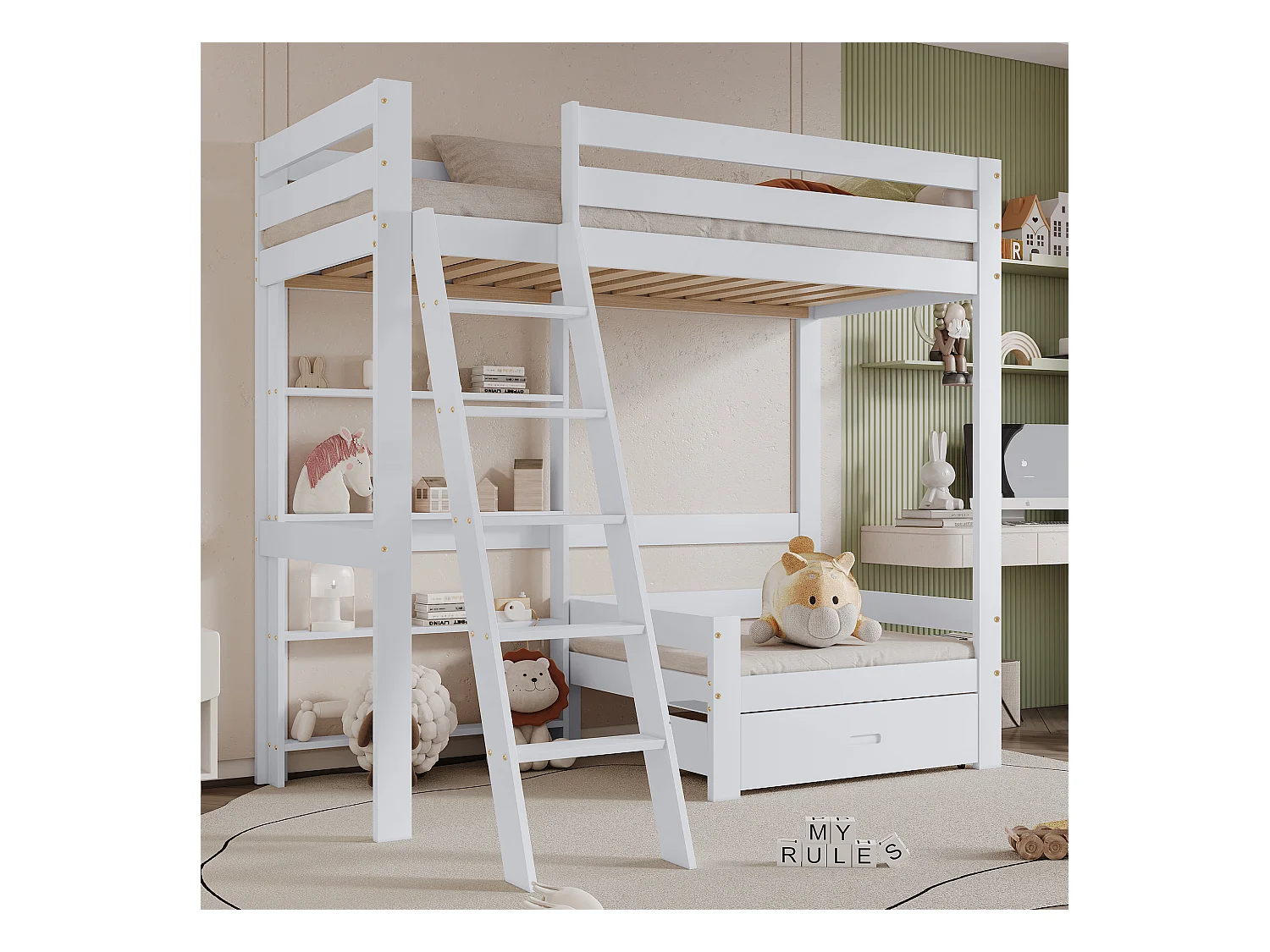 Lit mezzanine enfant blanc 90x200cm avec tiroir, escalier, canapé et étagères, sans matelass