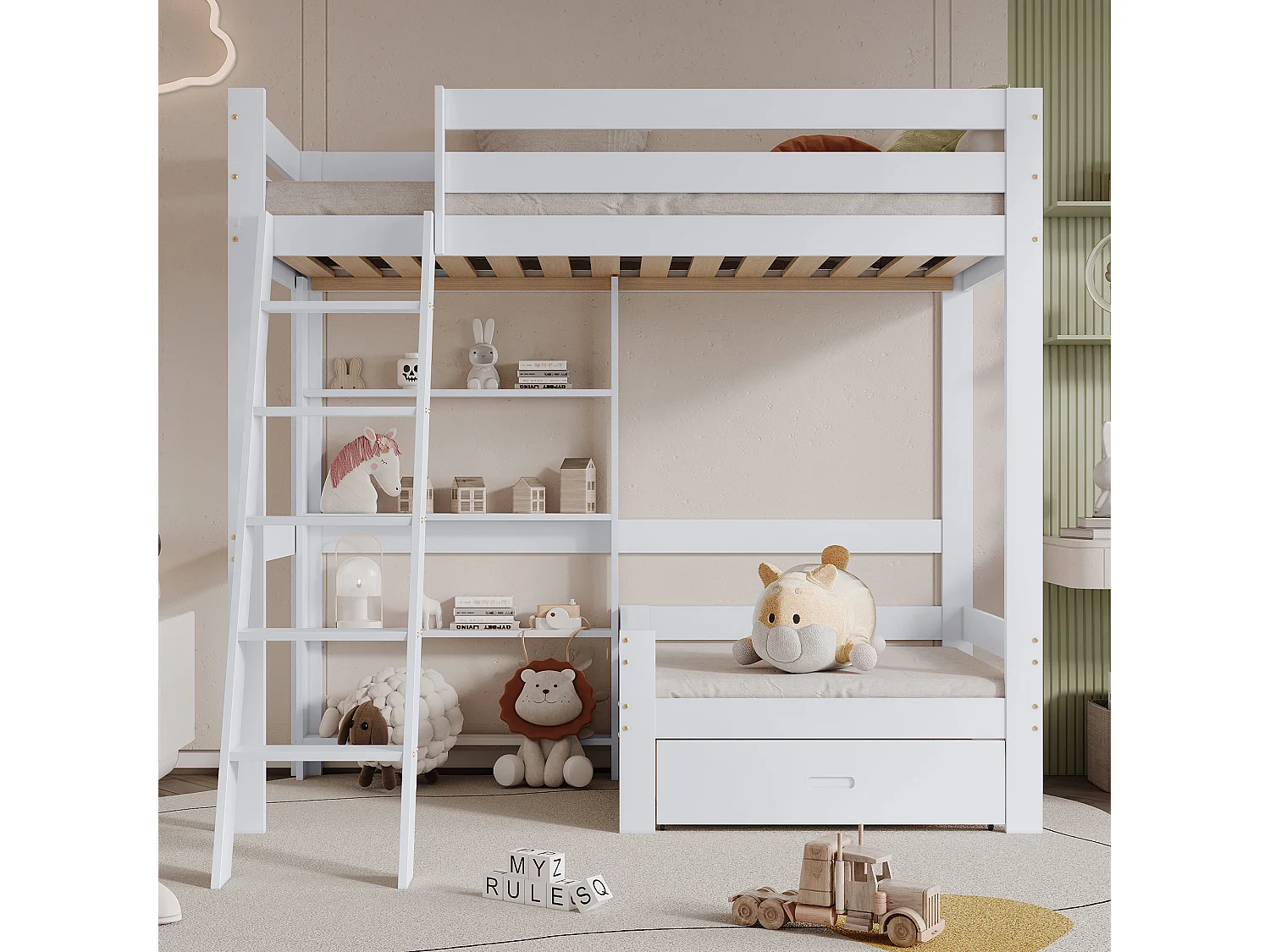 Cama alta infantil blanca de 90x200cm con cajón, escalera, sofá y estanterías, sin colchón