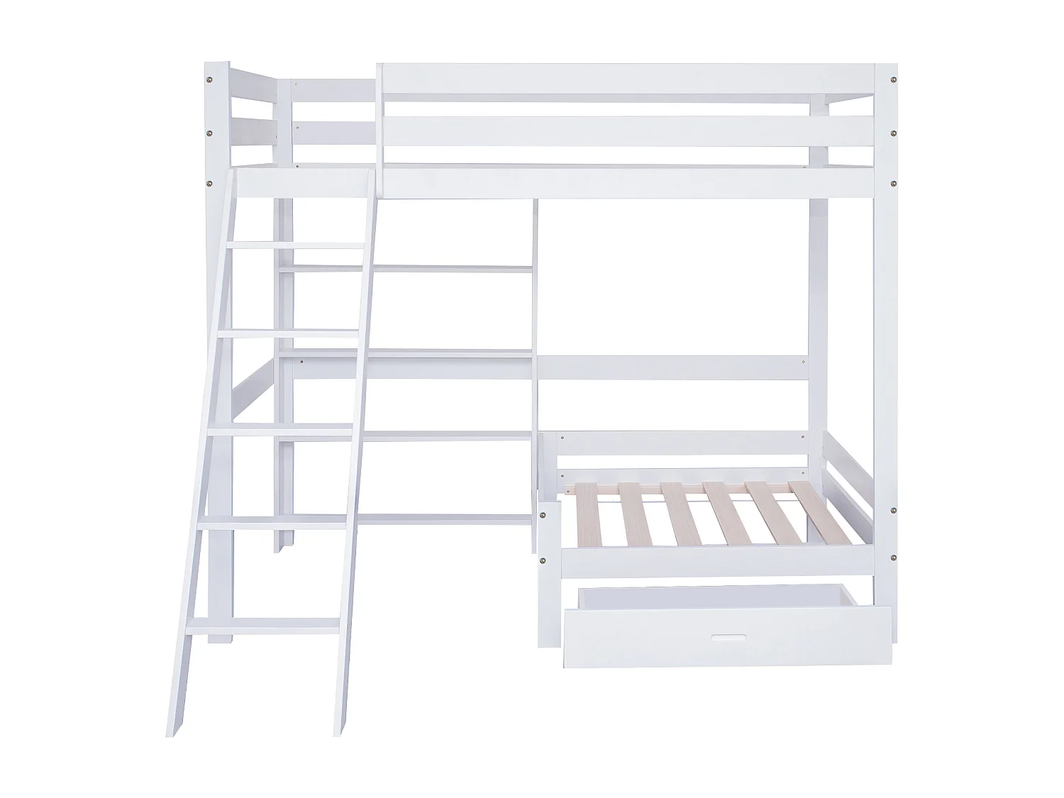 Cama alta infantil blanca de 90x200cm con cajón, escalera, sofá y estanterías, sin colchón