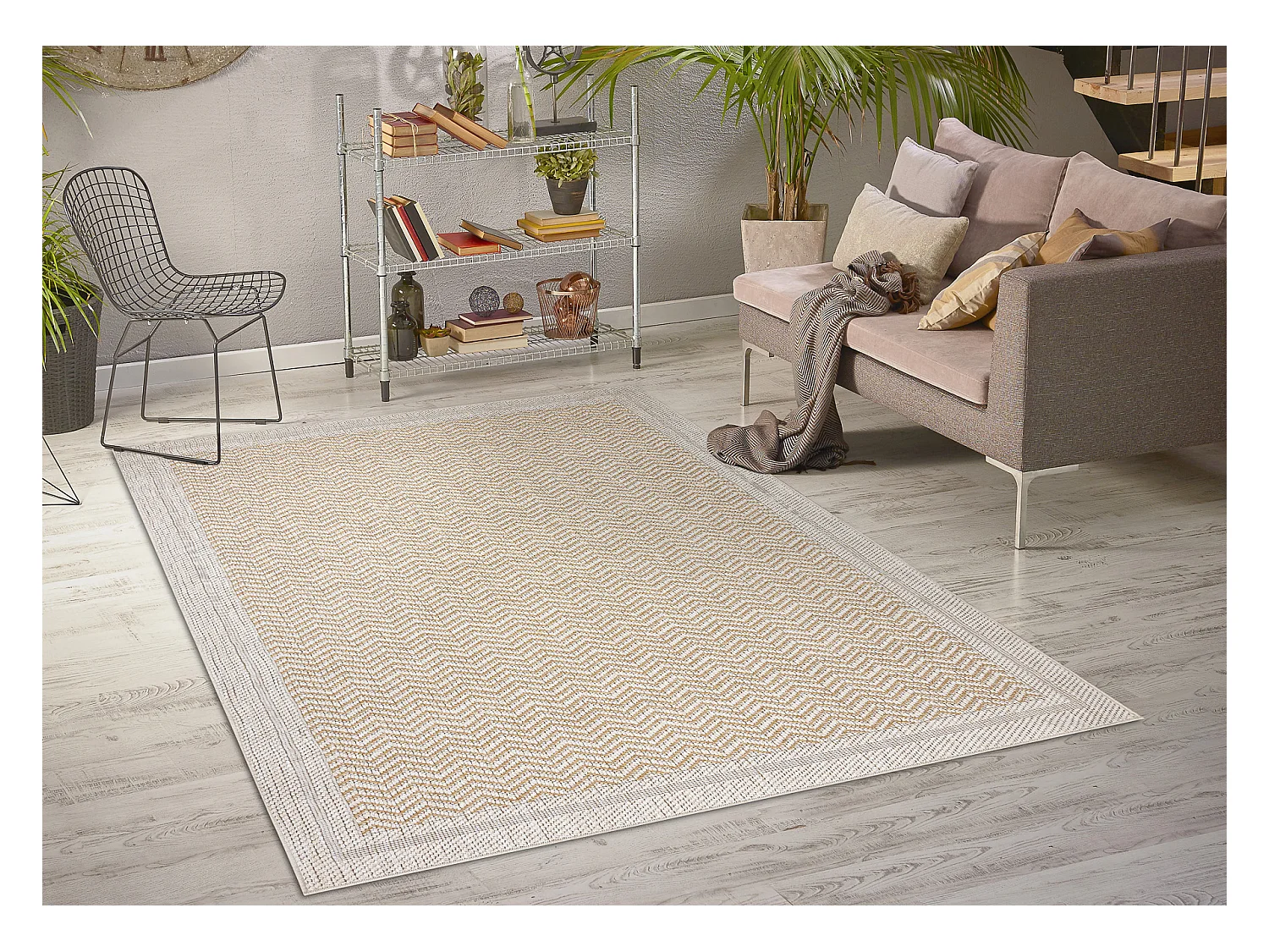 Tapis ORIGI 3739 crème / beige - Cadre, chevron ficelle SISAL tissée 175x270 cm