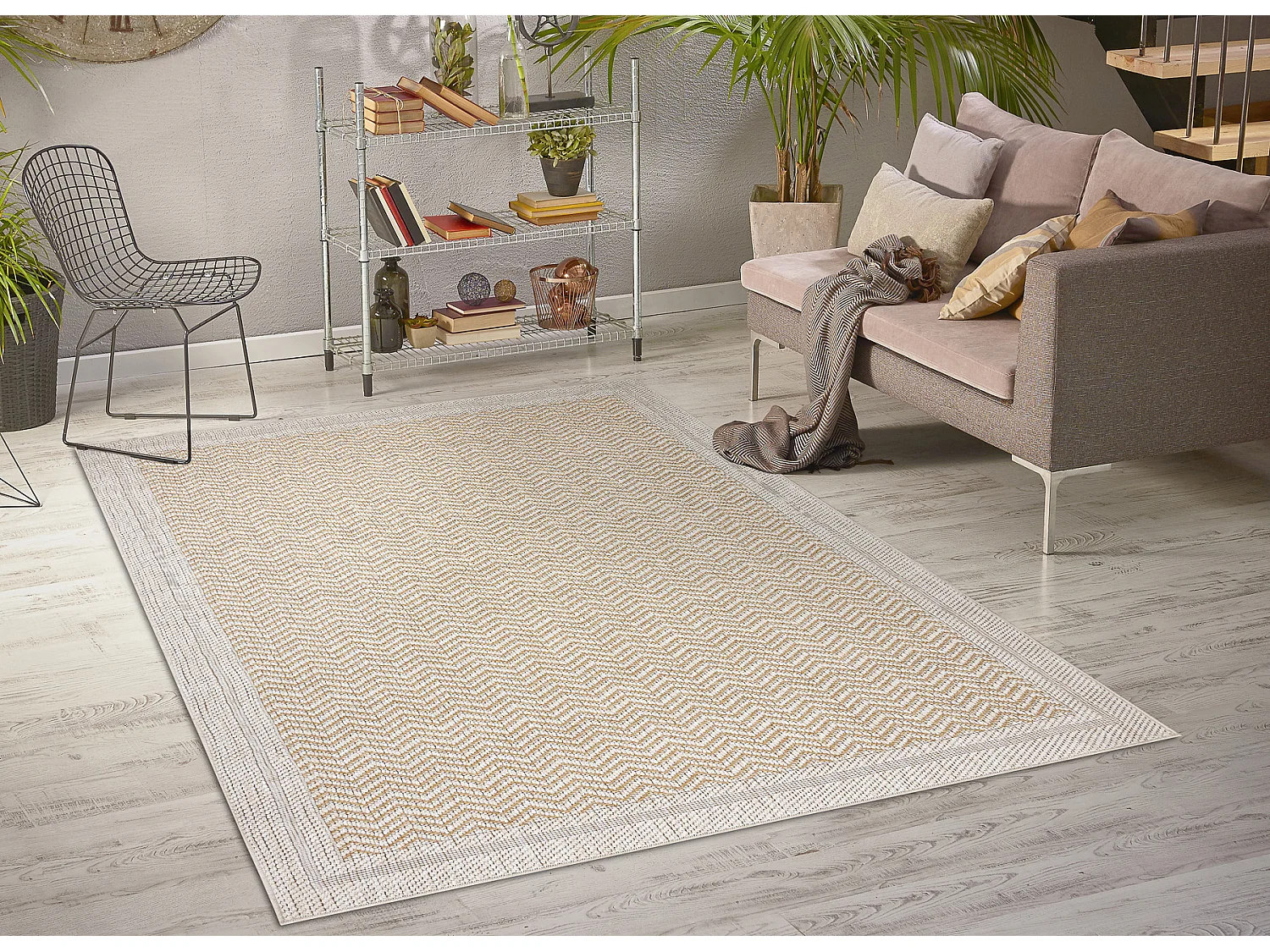 Tapis ORIGI 3739 crème / beige - Cadre, chevron ficelle SISAL tissée 58x100 cm