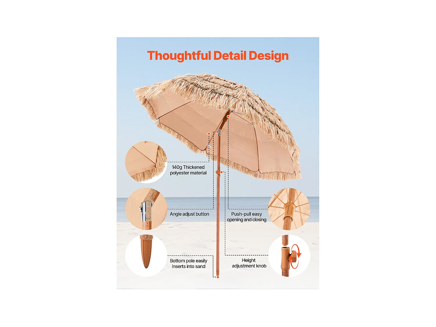 Parasol Hawaïen SucceBuy, 1,8 m Parasol Exotique Inclinable avec Toit Chaume PP, 8 Baleines Métalliques, pour Plage, Terrasse, Bord de Piscine, Jardin