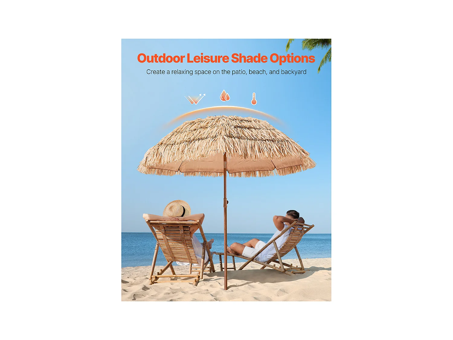 Parasol Hawaïen SucceBuy, 1,8 m Parasol Exotique Inclinable avec Toit Chaume PP, 8 Baleines Métalliques, pour Plage, Terrasse, Bord de Piscine, Jardin