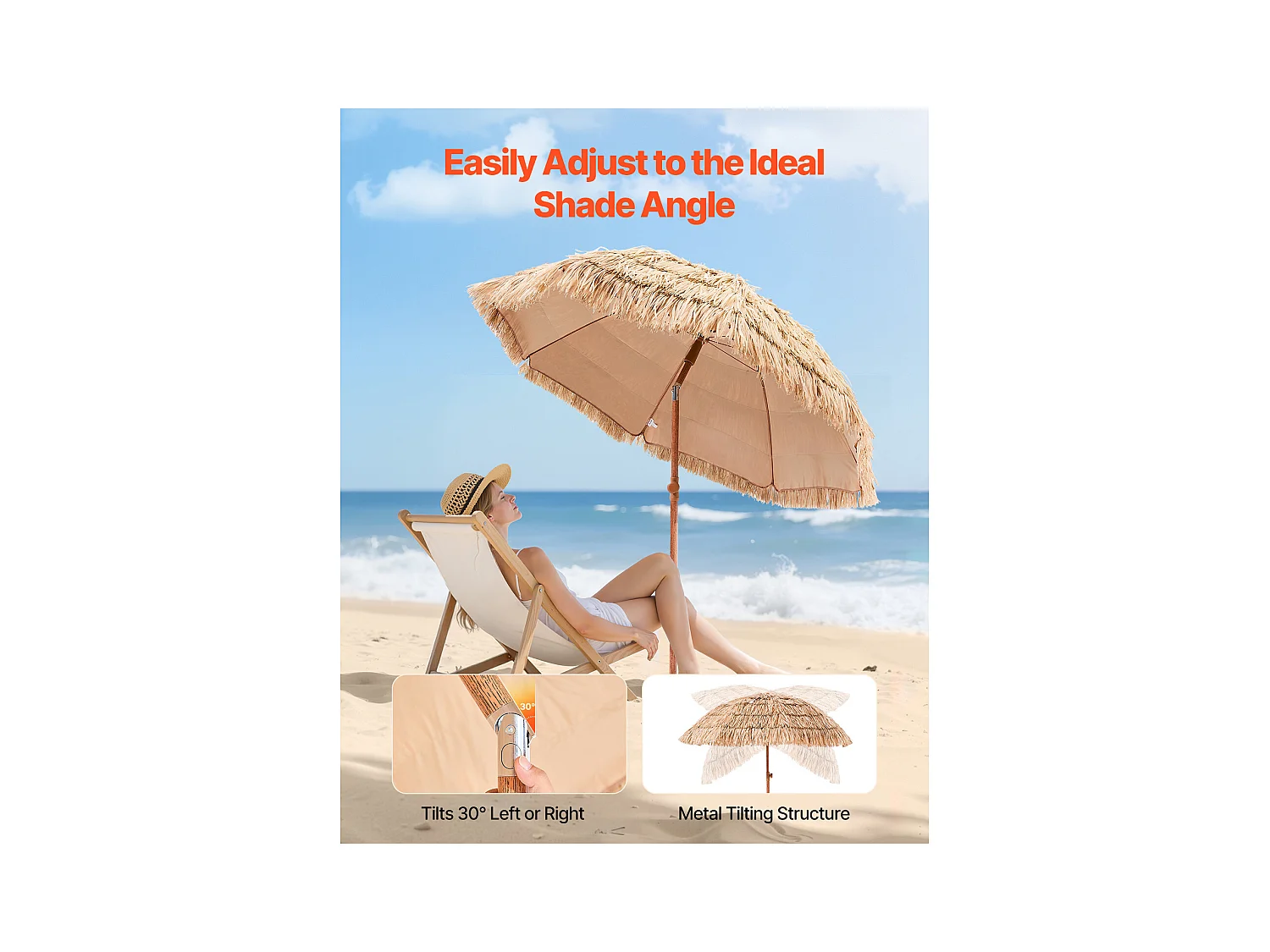 Parasol Hawaïen SucceBuy, 1,8 m Parasol Exotique Inclinable avec Toit Chaume PP, 8 Baleines Métalliques, pour Plage, Terrasse, Bord de Piscine, Jardin