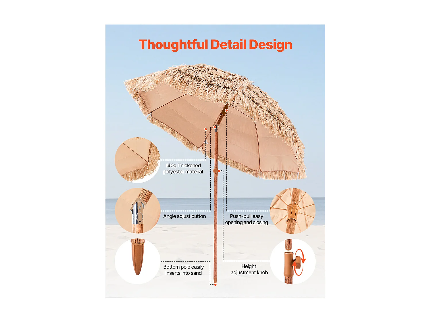 Parasol Hawaïen SucceBuy, 1,8 m Parasol Exotique Inclinable avec Toit Chaume PP, 8 Baleines Métalliques, pour Plage, Terrasse, Bord de Piscine, Jardin