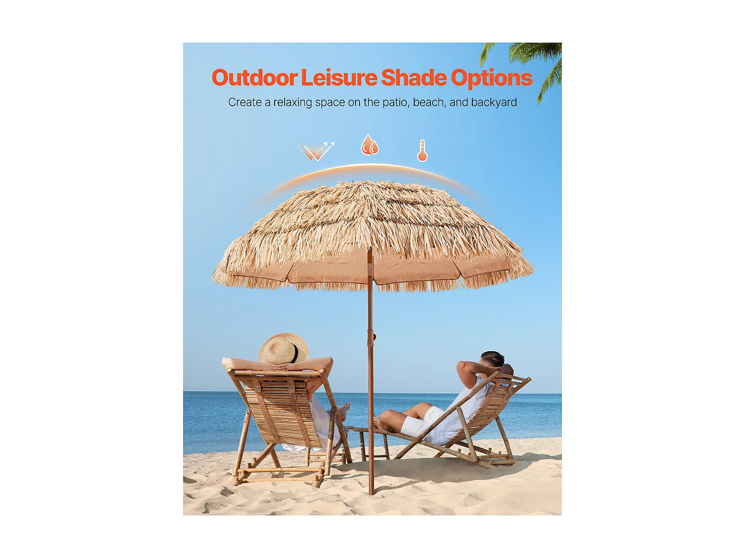 Parasol Hawaïen SucceBuy, 1,8 m Parasol Exotique Inclinable avec Toit Chaume PP, 8 Baleines Métalliques, pour Plage, Terrasse, Bord de Piscine, Jardin