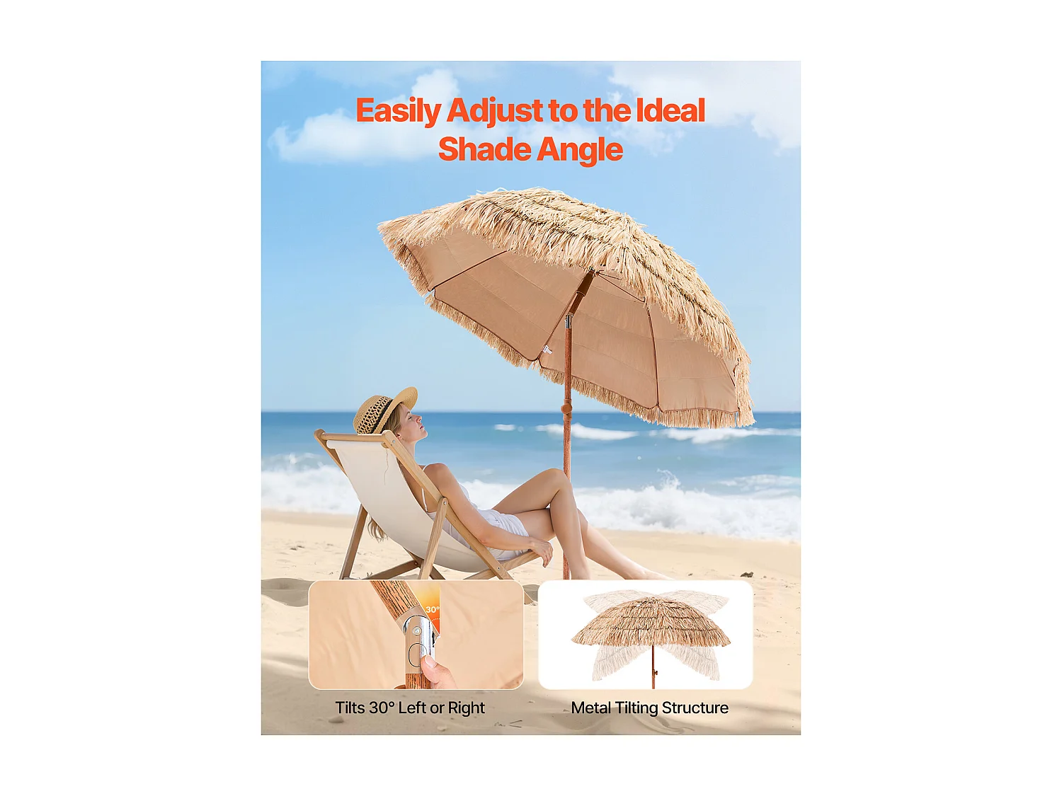 Parasol Hawaïen SucceBuy, 1,8 m Parasol Exotique Inclinable avec Toit Chaume PP, 8 Baleines Métalliques, pour Plage, Terrasse, Bord de Piscine, Jardin