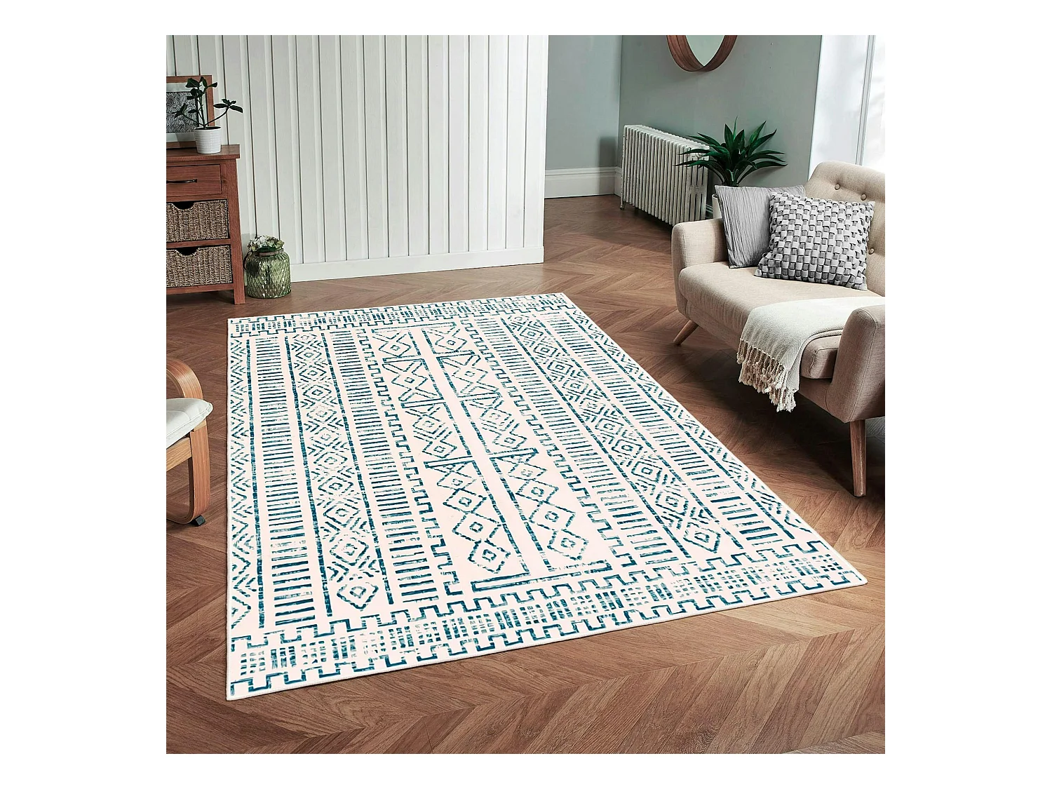 Tapis écru contrasté – motifs bleus, 160x230 cm ISTANBUL