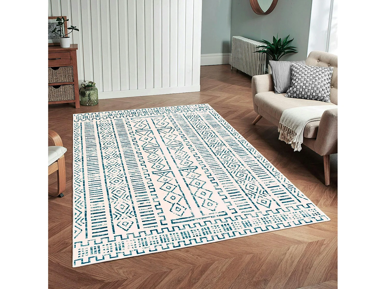 Tapis écru contrasté – motifs bleus, 160x230 cm ISTANBUL