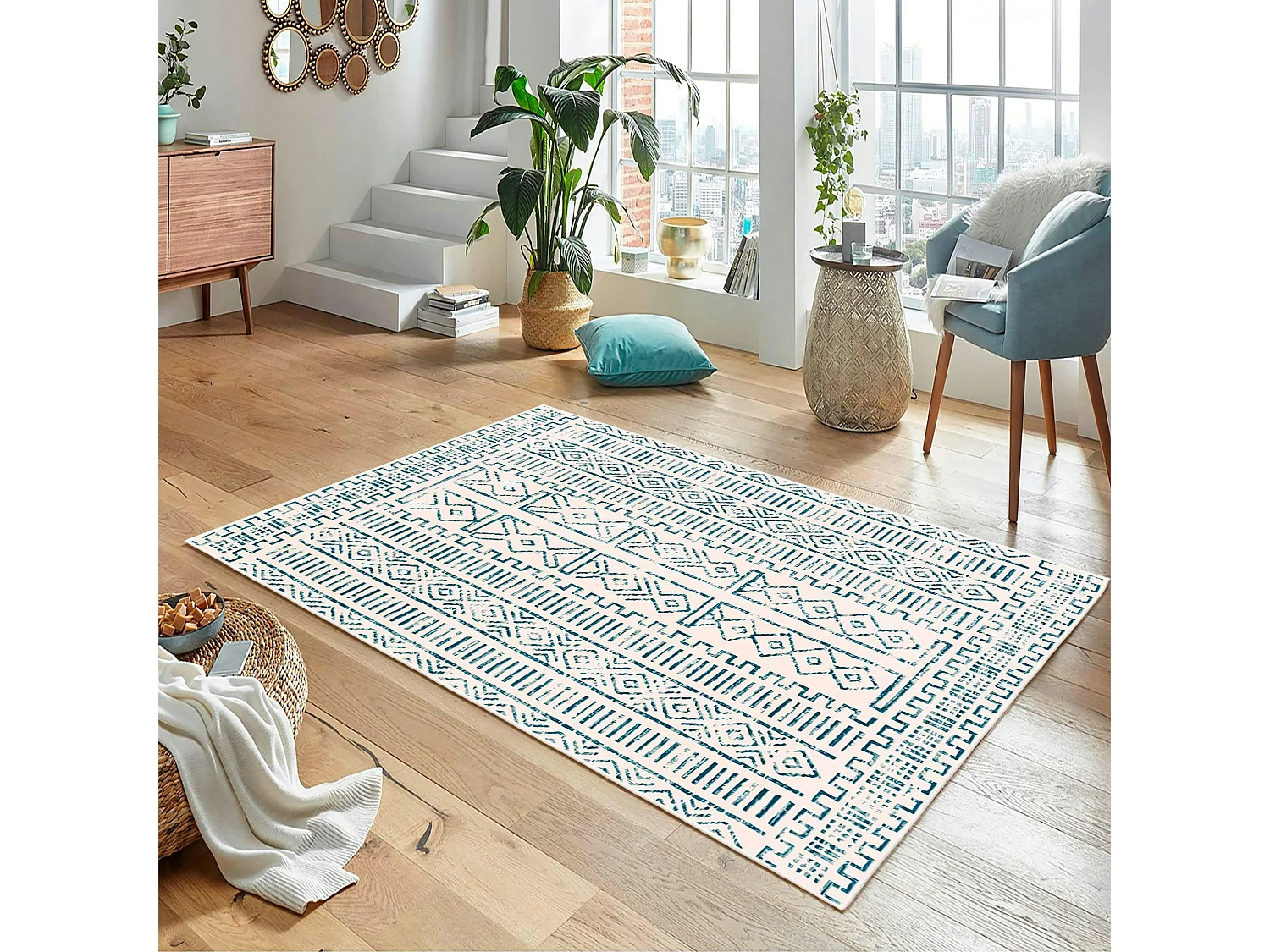 Tapis écru contrasté – motifs bleus, 160x230 cm ISTANBUL