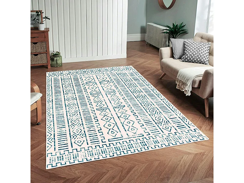 Tapis écru contrasté – motifs bleus, 160x230 cm ISTANBUL