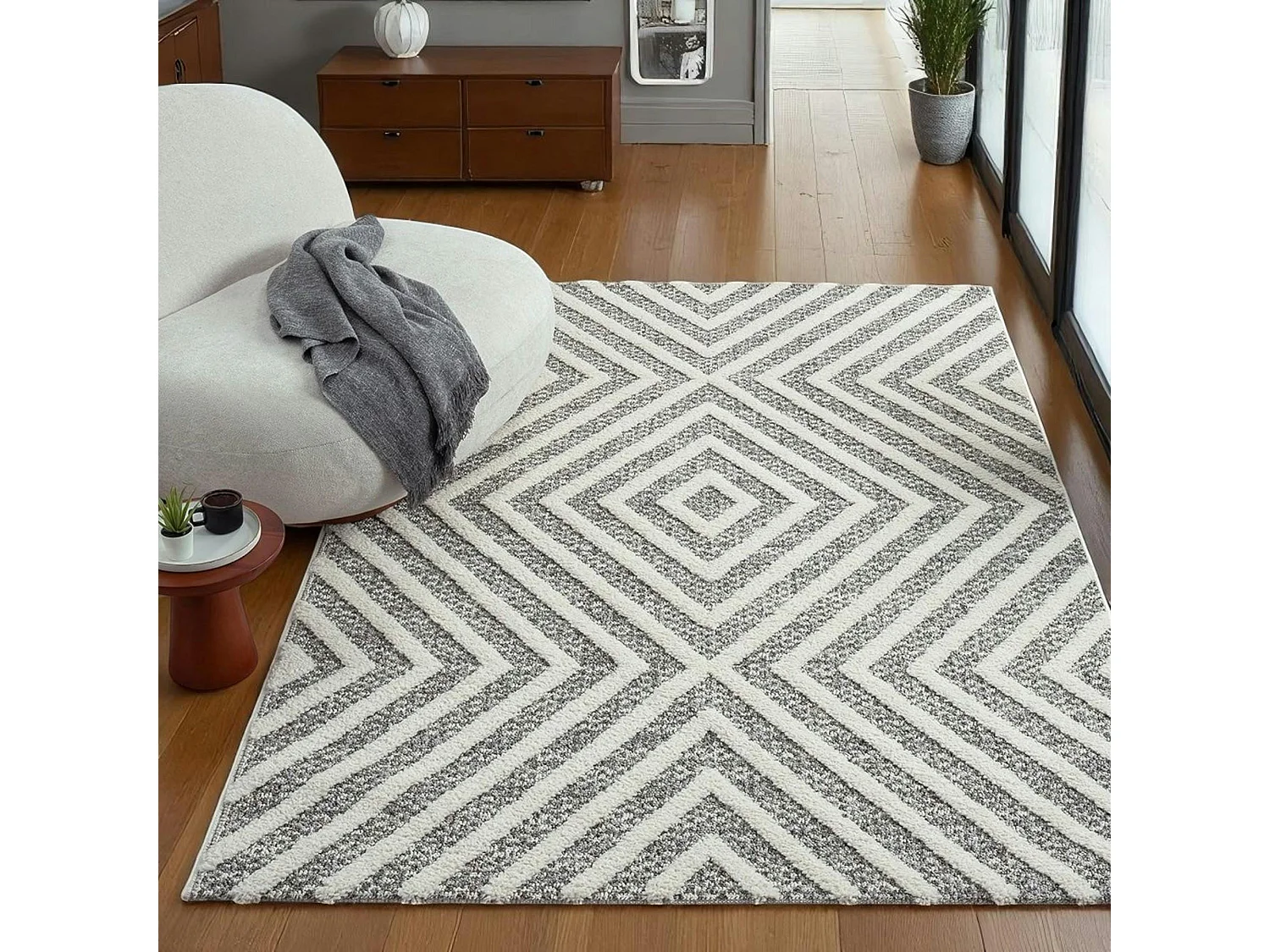Tapis gris crème – losanges imbriqués, 160x230 cm ISTANBUL