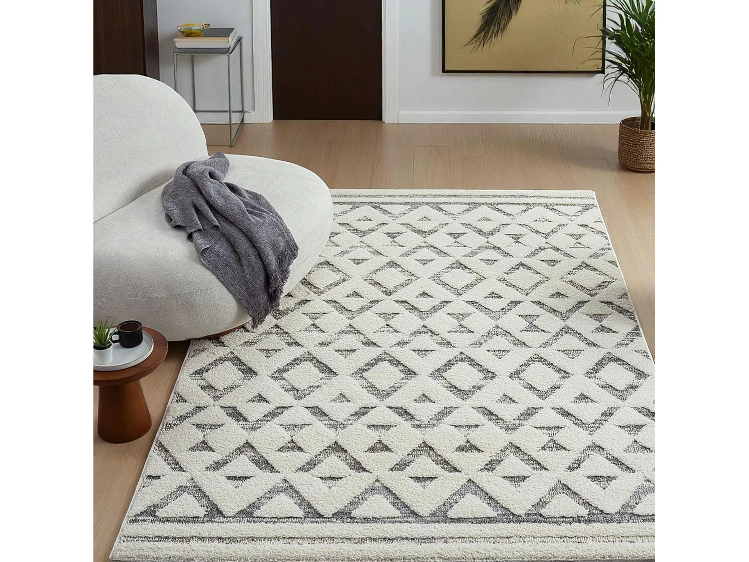 Tapis de salon crème et gris – motif géométrique, 160x230 cm ISTANBUL