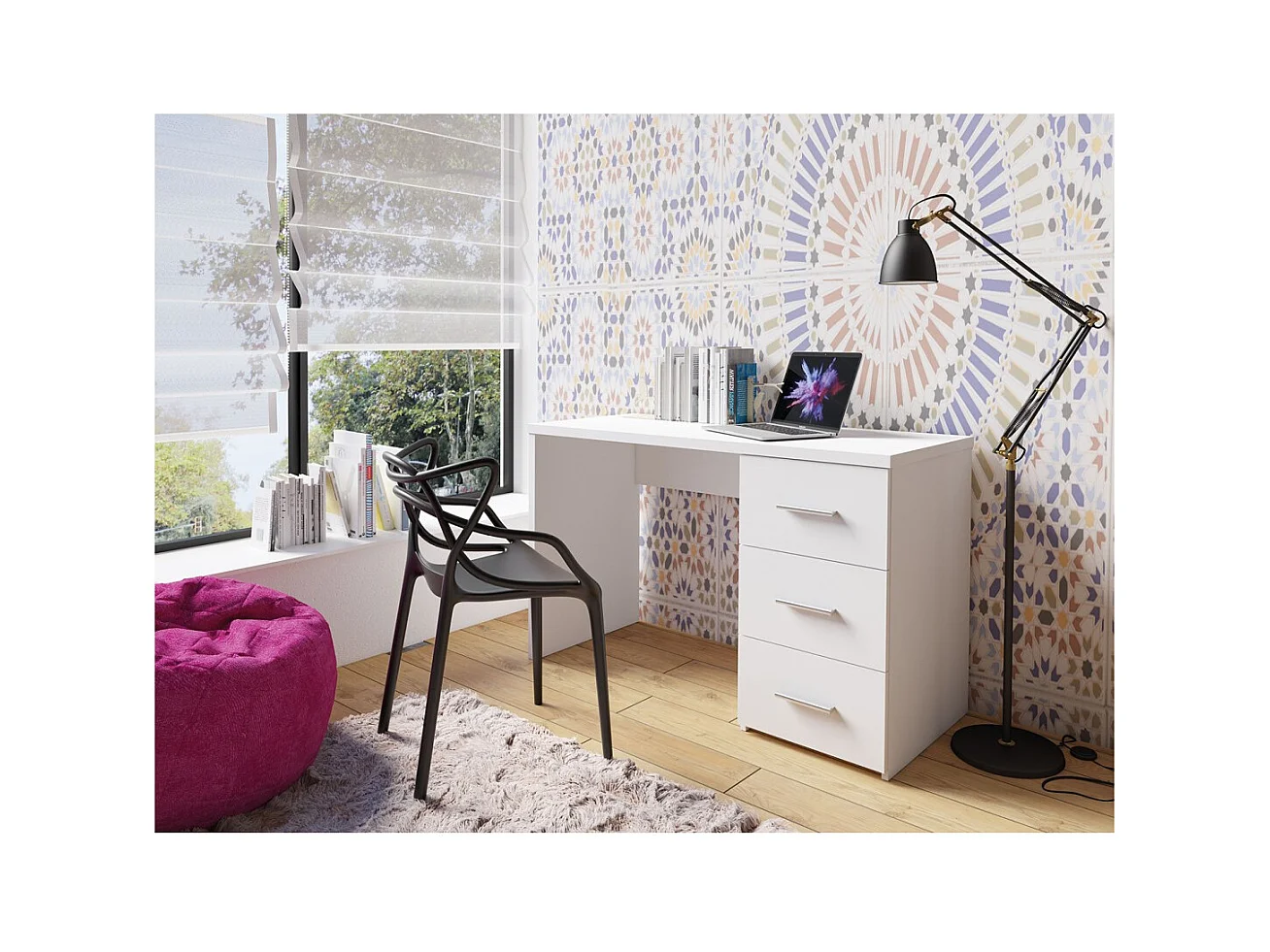Bureau LUNIS blanc – 3 grands tiroirs – Design minimaliste et rangement généreux
