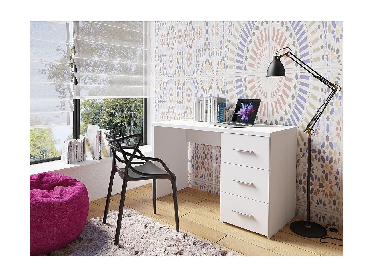 Bureau LUNIS blanc – 3 grands tiroirs – Design minimaliste et rangement généreux