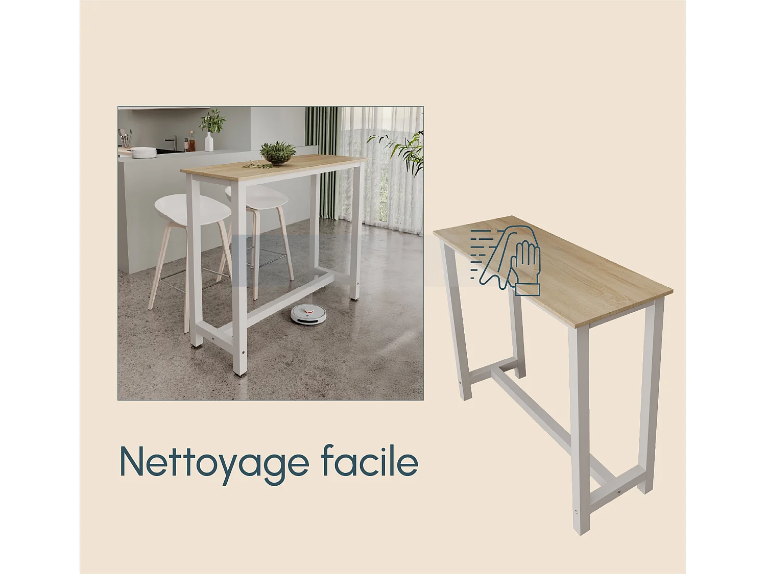 Mesa alta para Cocina Comedor en Blanco y Sonoma 120x40x100cm Ani