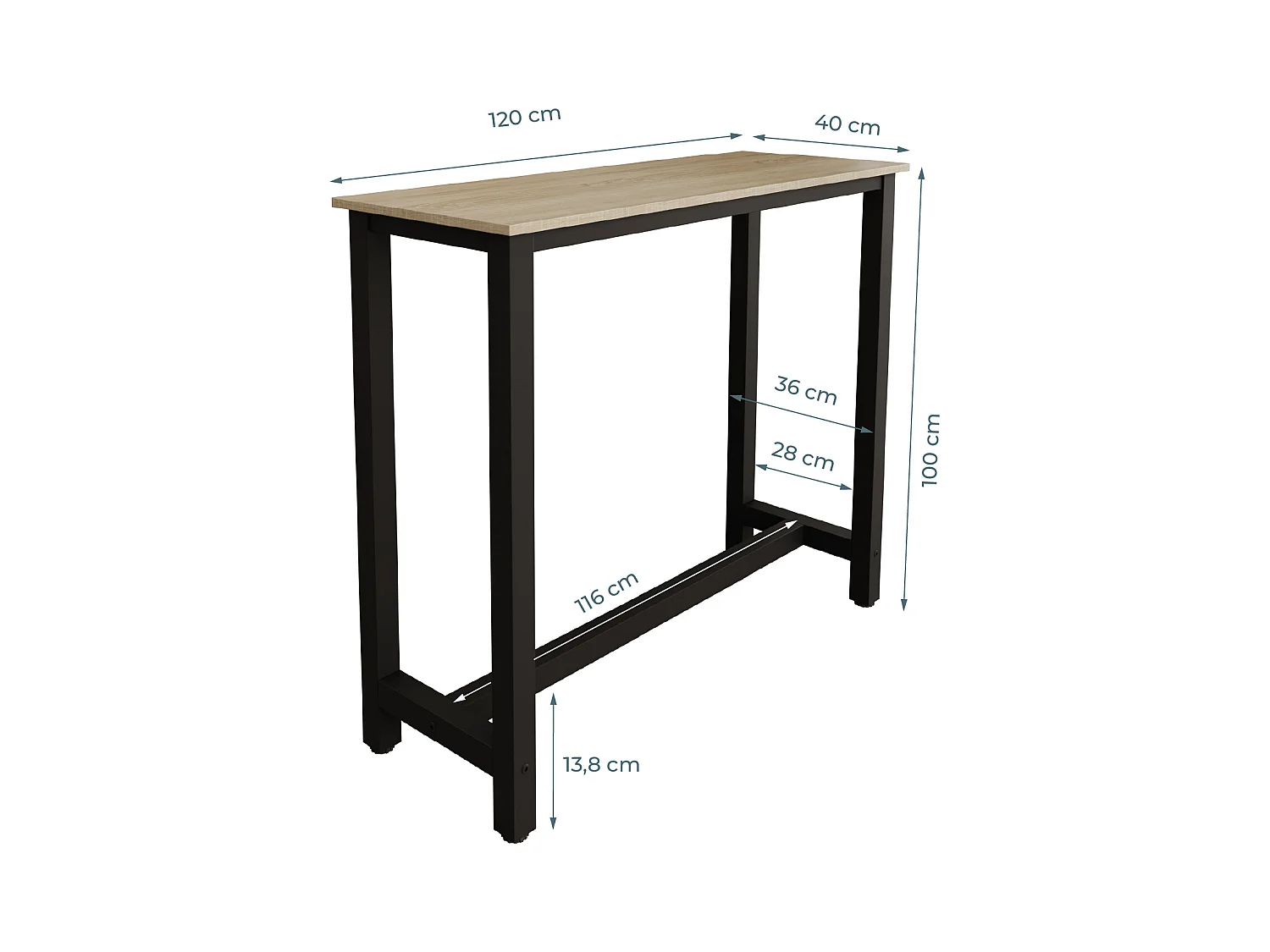 Table haute pour Cuisine Salle à manger en Noir et Sonoma 120x40x100cm Ani