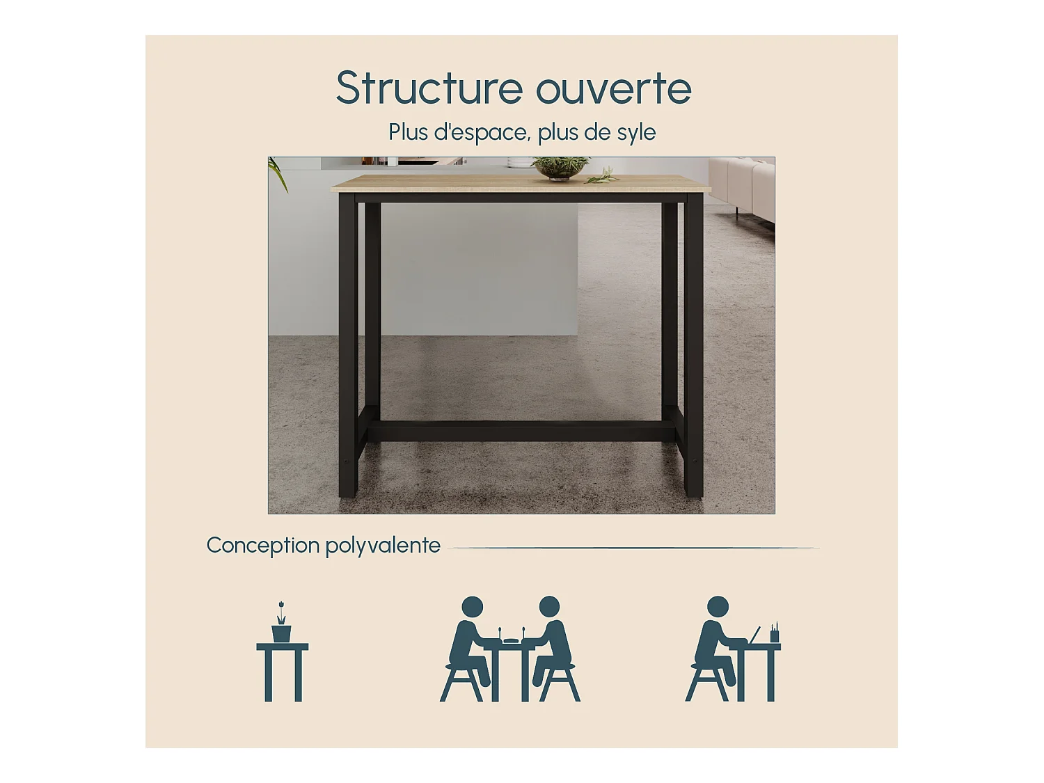 Table haute pour Cuisine Salle à manger en Noir et Sonoma 120x40x100cm Ani