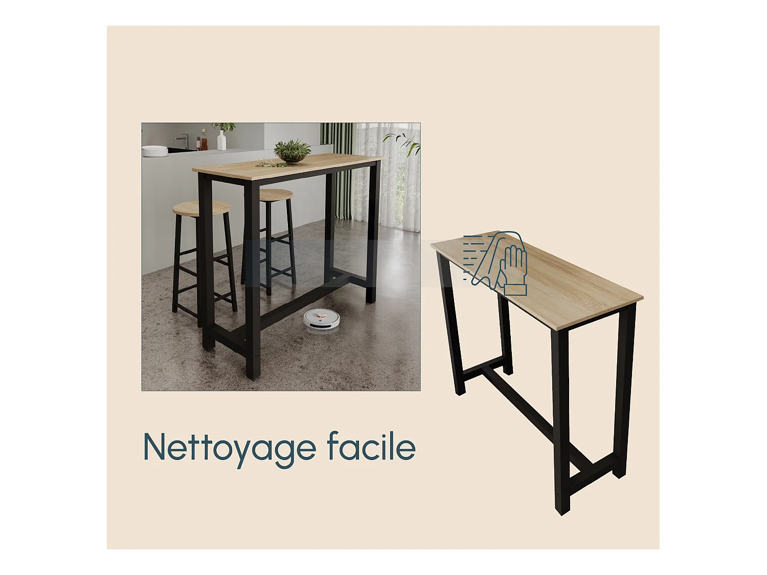 Table haute pour Cuisine Salle à manger en Noir et Sonoma 120x40x100cm Ani