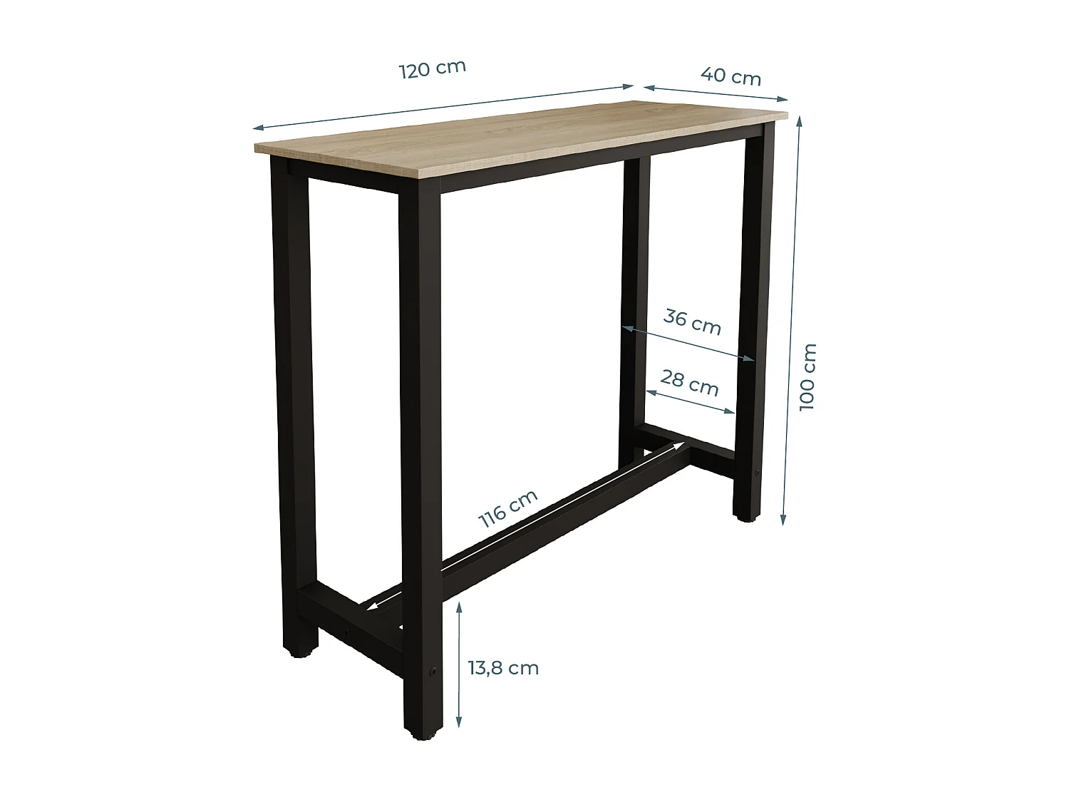 Table haute pour Cuisine Salle à manger en Noir et Sonoma 120x40x100cm Ani