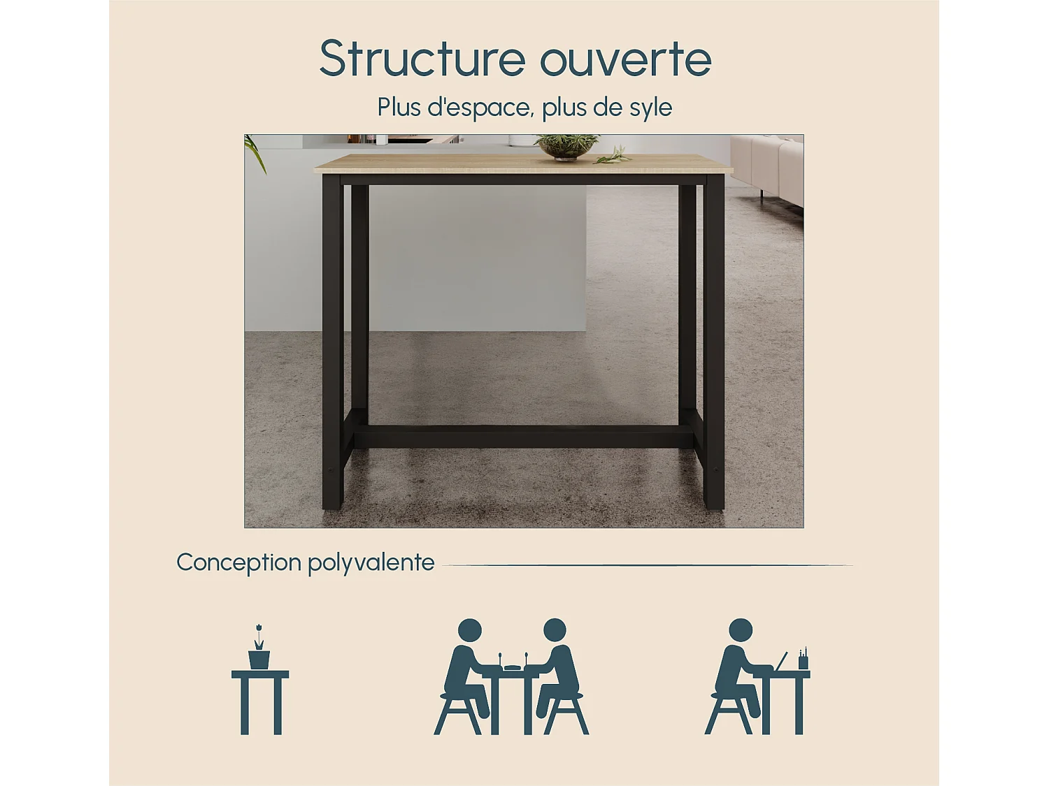 Table haute pour Cuisine Salle à manger en Noir et Sonoma 120x40x100cm Ani