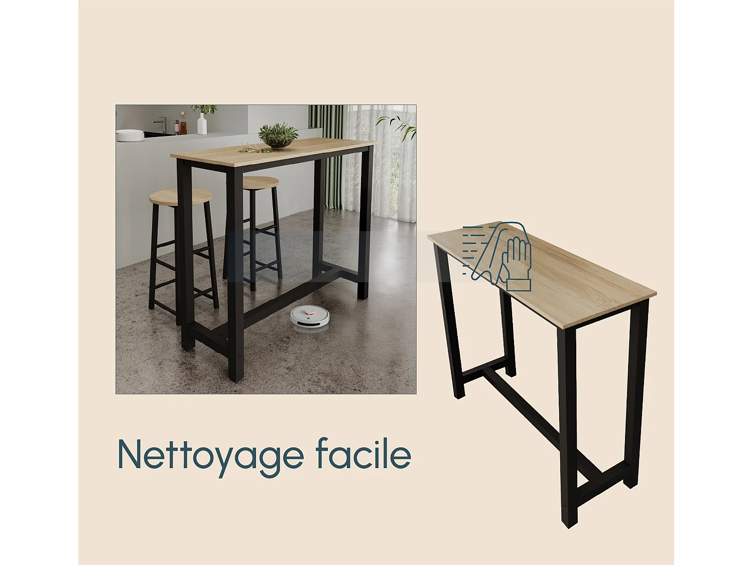 Table haute pour Cuisine Salle à manger en Noir et Sonoma 120x40x100cm Ani